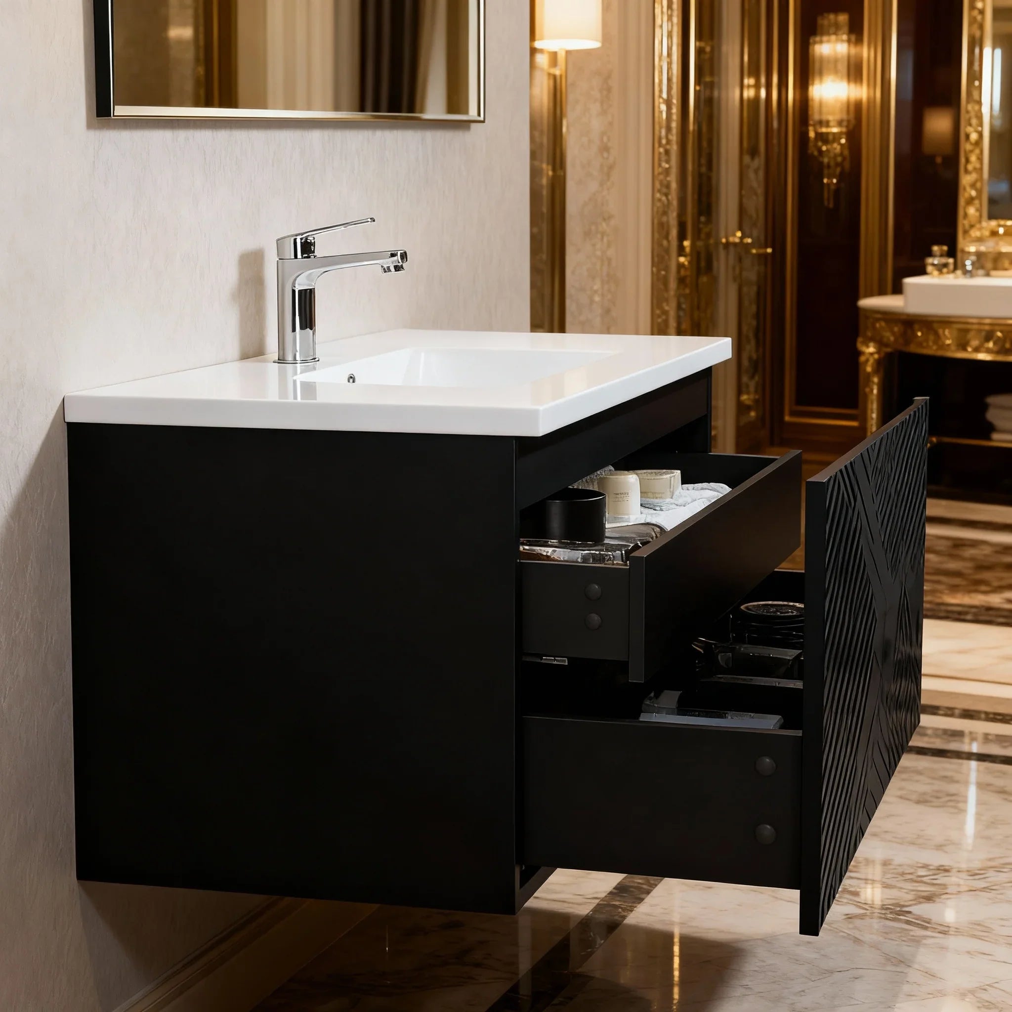 48" Black Wall Mount Bathroom Vanity with White Polymarble Countertop-Migration_Bathroom Vanities-DECOROLALA
