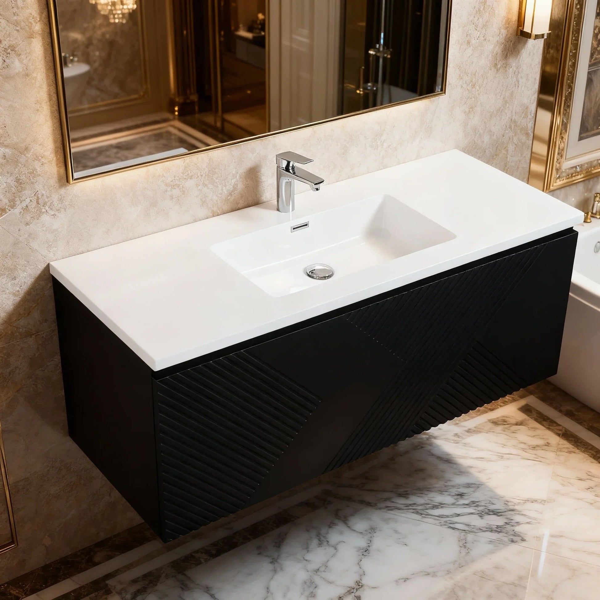 48" Black Wall Mount Bathroom Vanity with White Polymarble Countertop-Migration_Bathroom Vanities-DECOROLALA