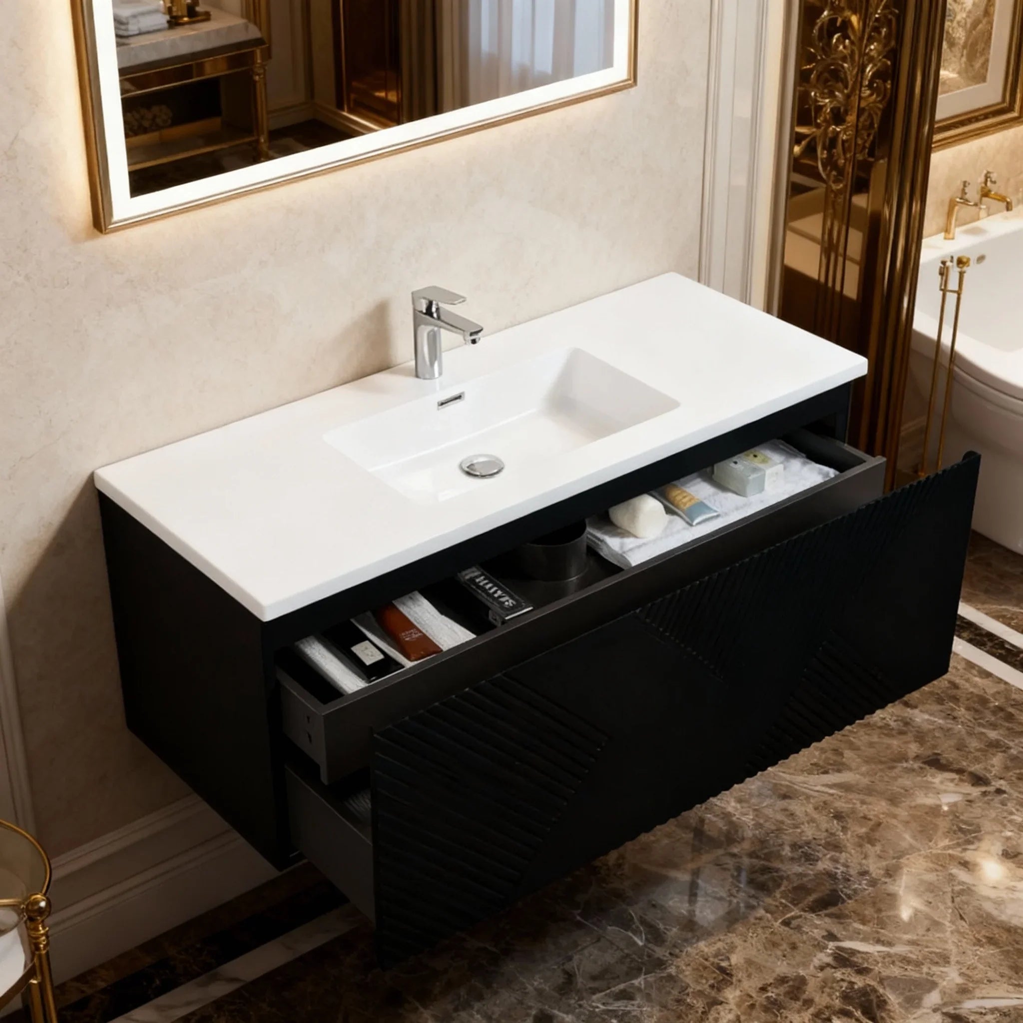 48" Black Wall Mount Bathroom Vanity with White Polymarble Countertop-Migration_Bathroom Vanities-DECOROLALA