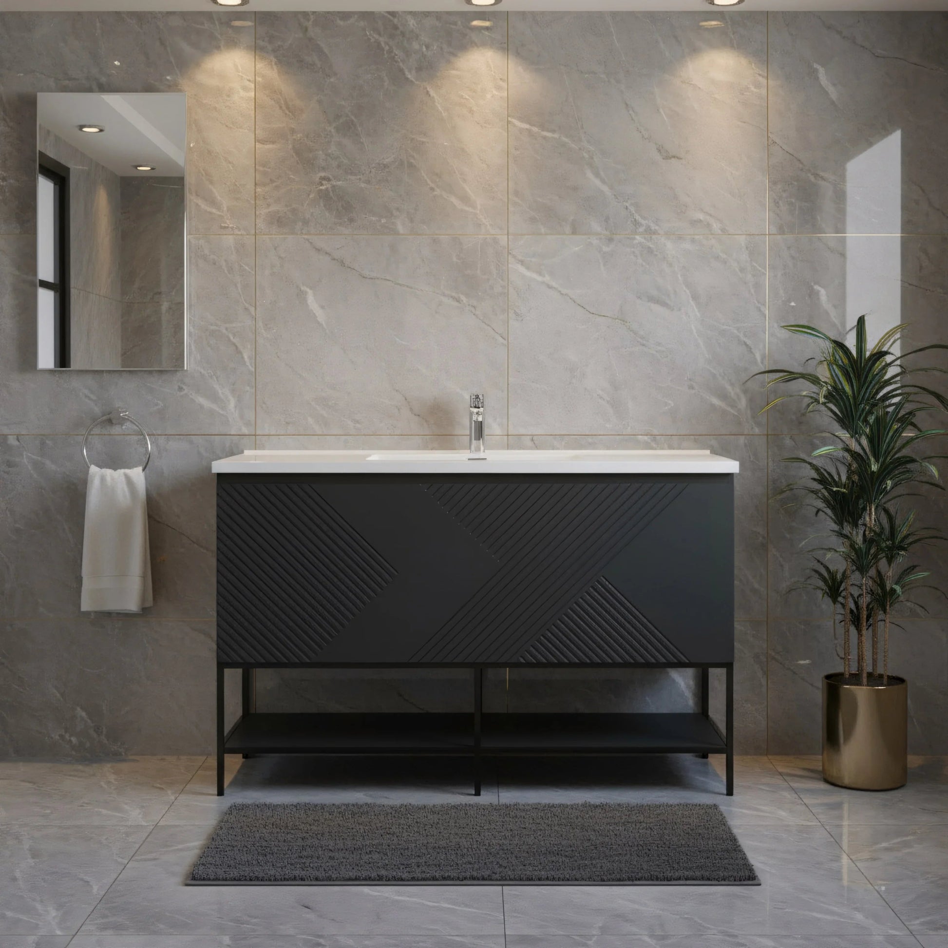 48" Black Wall Mount Bathroom Vanity with White Polymarble Countertop-Migration_Bathroom Vanities-DECOROLALA