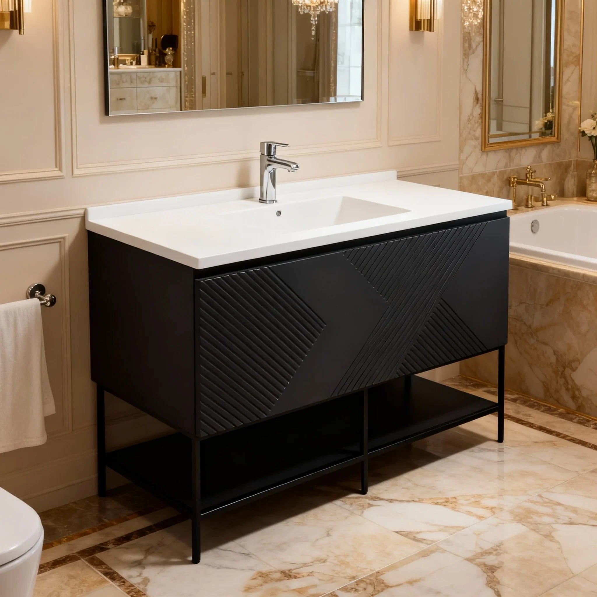 48" Black Wall Mount Bathroom Vanity with White Polymarble Countertop-Migration_Bathroom Vanities-DECOROLALA