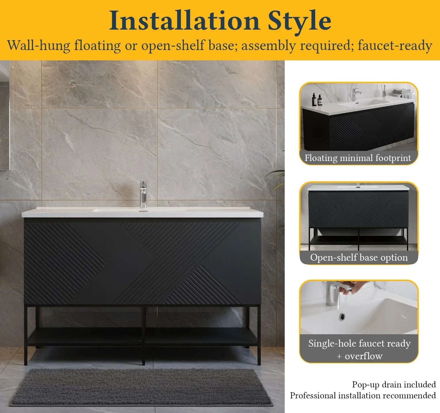 48" Black Wall Mount Bathroom Vanity with White Polymarble Countertop-Migration_Bathroom Vanities-DECOROLALA