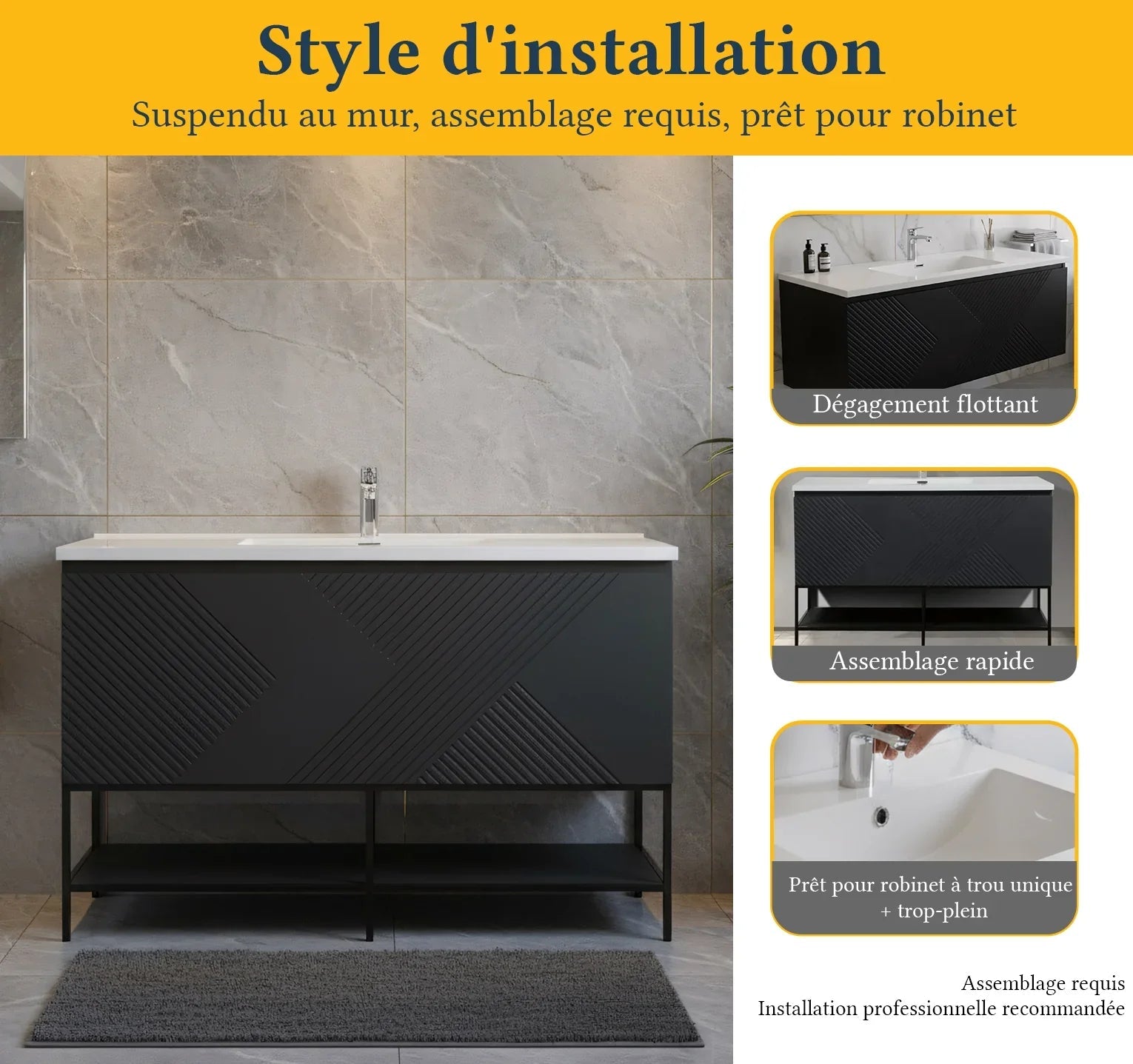 48" Black Wall Mount Bathroom Vanity with White Polymarble Countertop-Migration_Bathroom Vanities-DECOROLALA