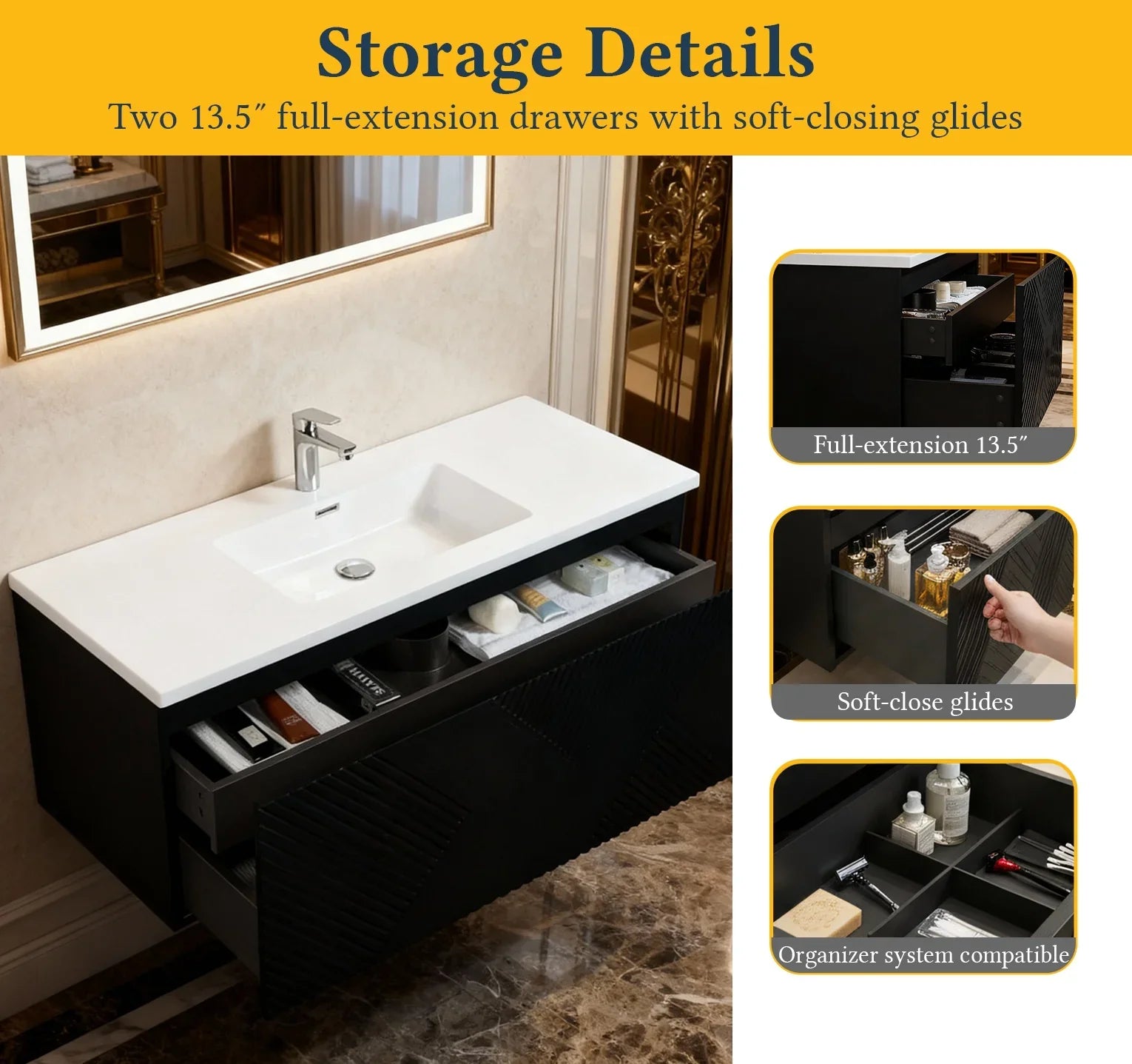 48" Black Wall Mount Bathroom Vanity with White Polymarble Countertop-Migration_Bathroom Vanities-DECOROLALA