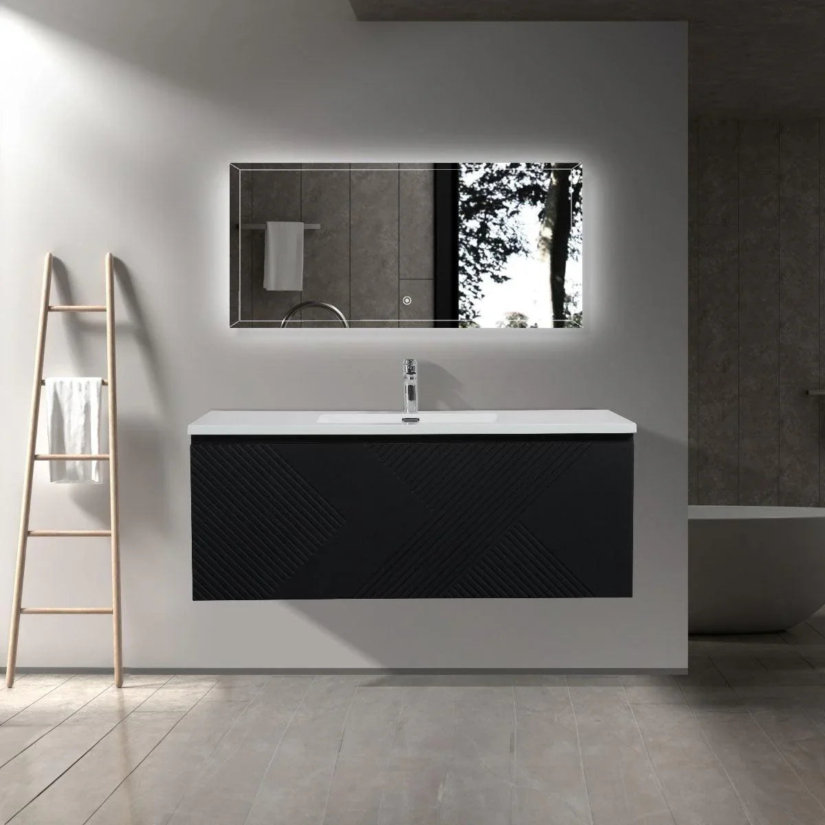 48" Black Wall Mount Bathroom Vanity with White Polymarble Countertop-Migration_Bathroom Vanities-DECOROLALA