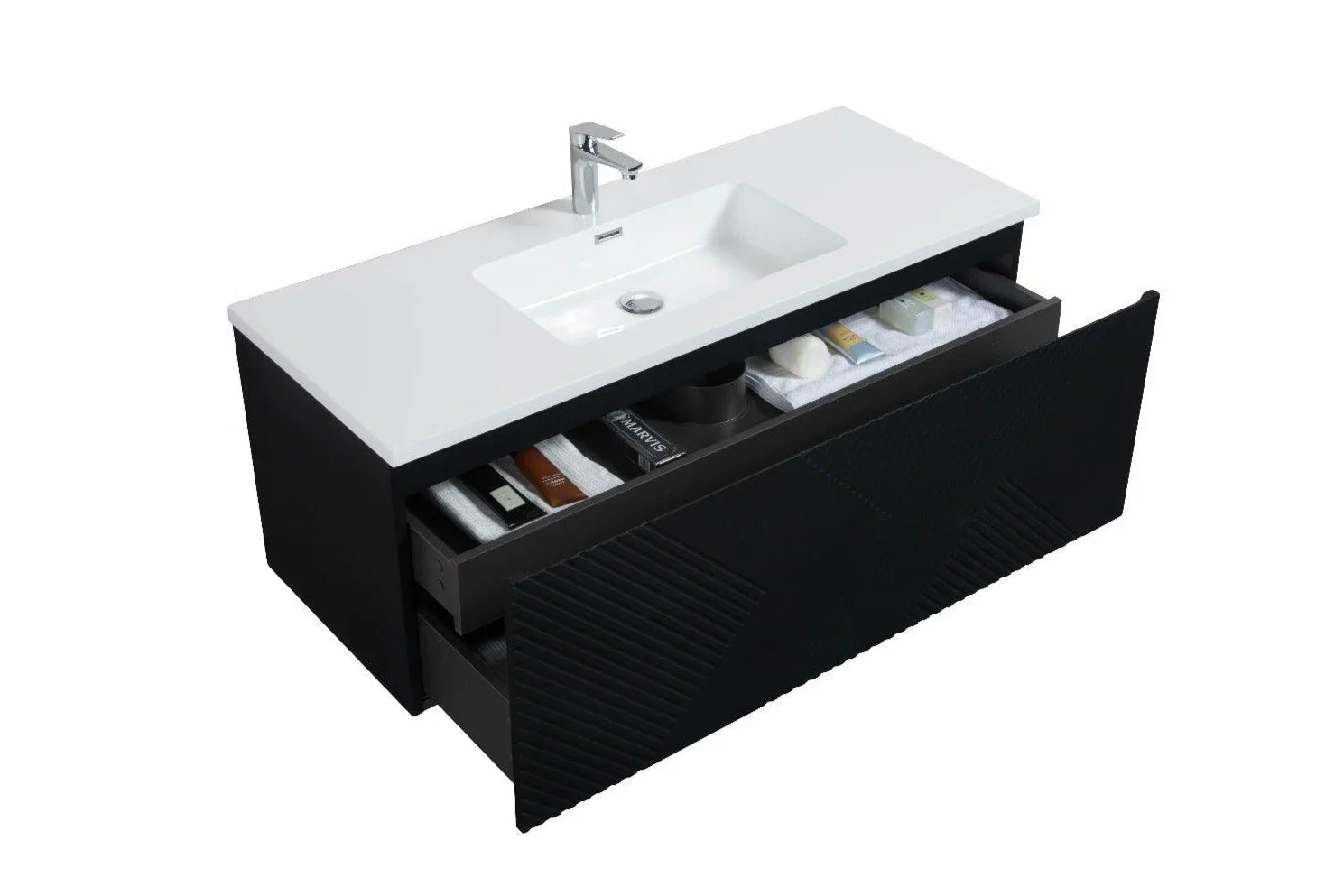 48" Black Wall Mount Bathroom Vanity with White Polymarble Countertop-Migration_Bathroom Vanities-DECOROLALA