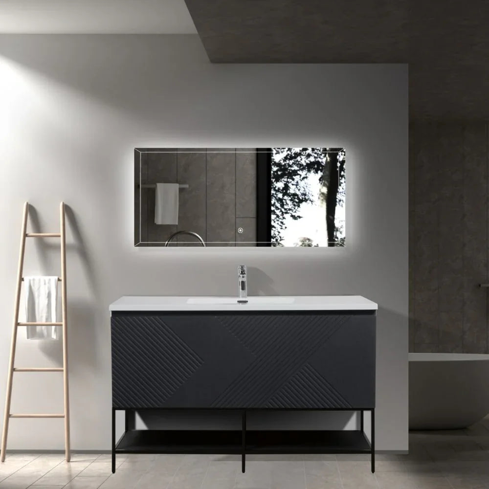 48" Black Wall Mount Bathroom Vanity with White Polymarble Countertop-Migration_Bathroom Vanities-DECOROLALA