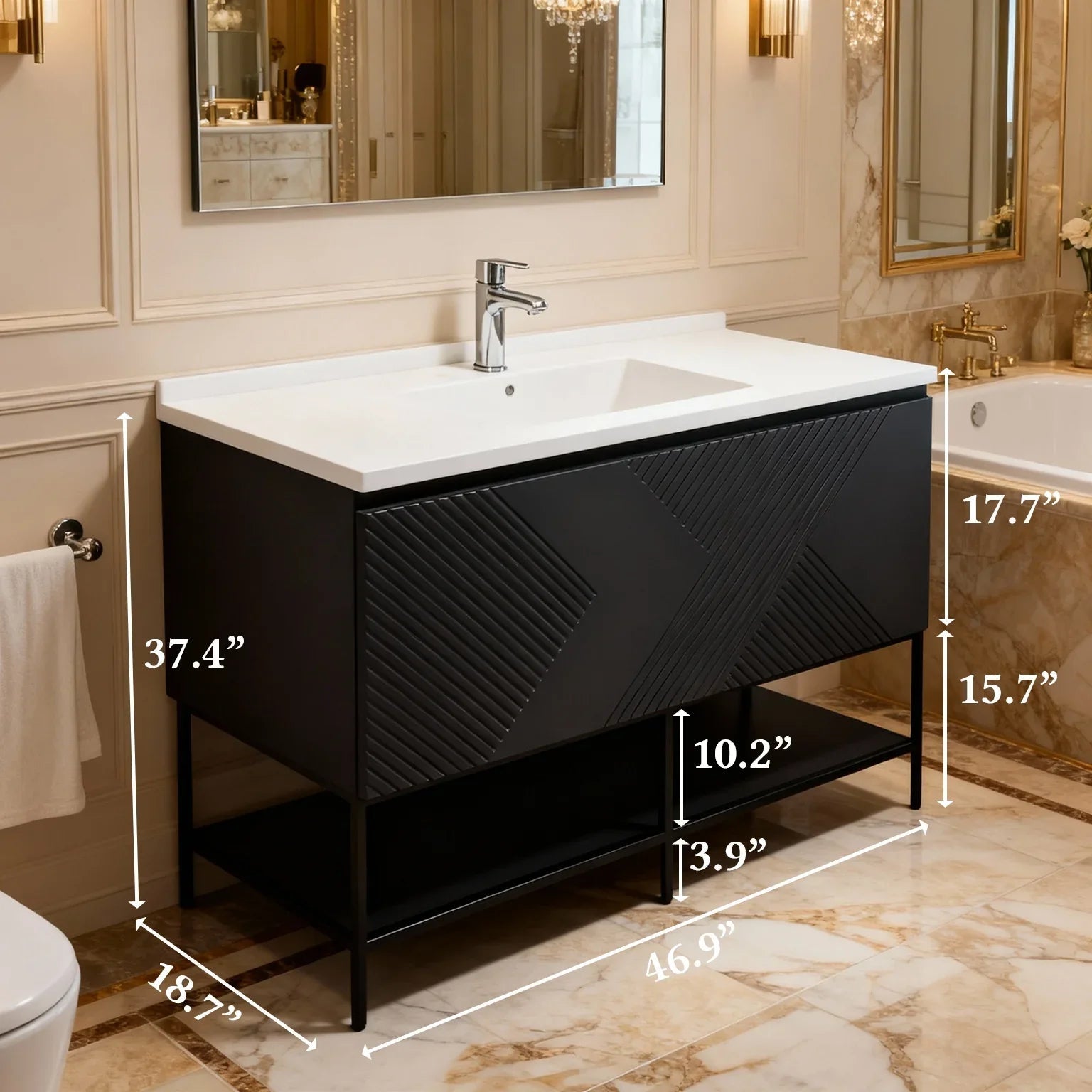 48" Black Wall Mount Bathroom Vanity with White Polymarble Countertop-Migration_Bathroom Vanities-DECOROLALA