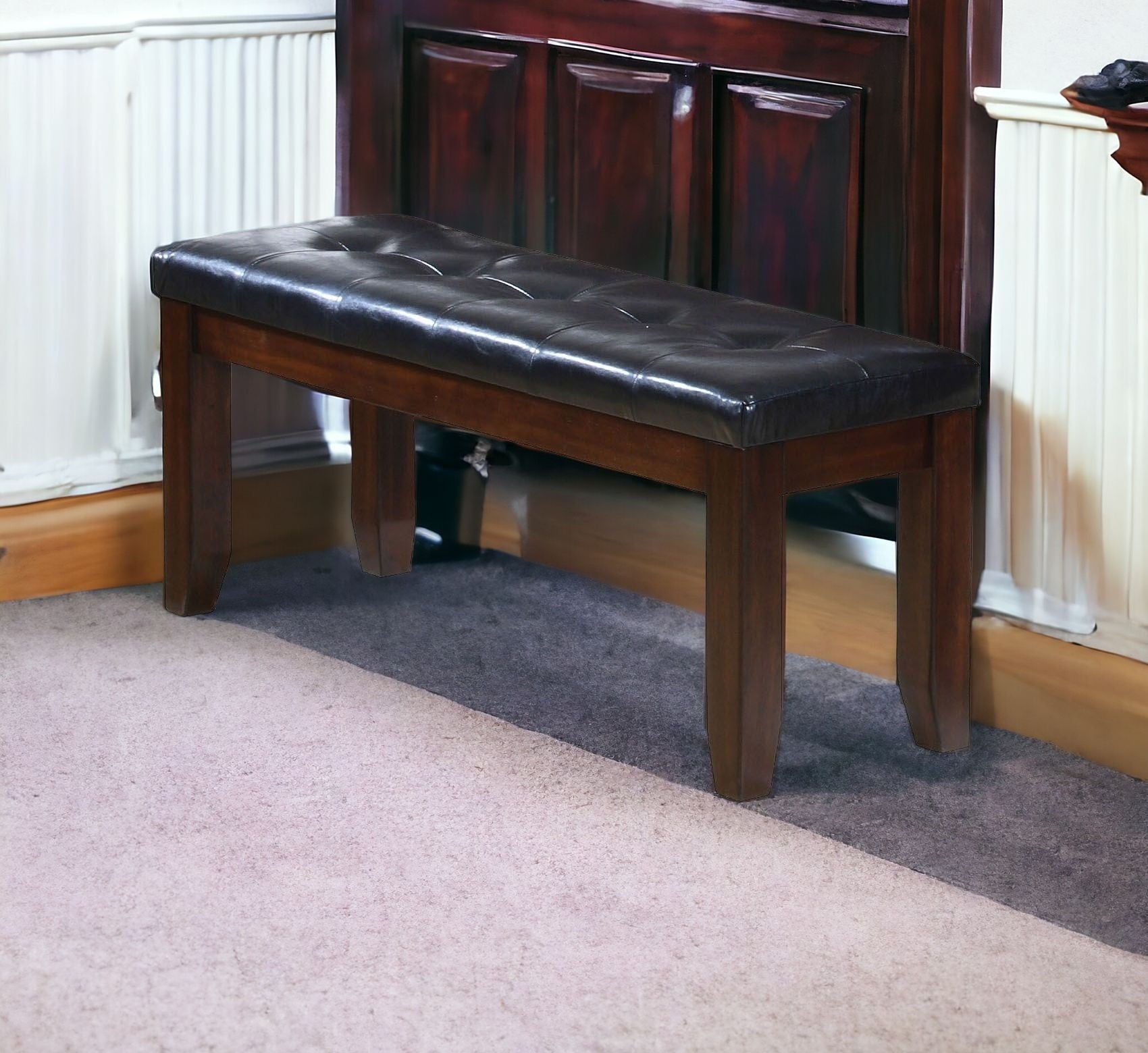 48" Black and Espresso Faux Leather and Wood Upholstered Bench-Benches-DECOROLALA