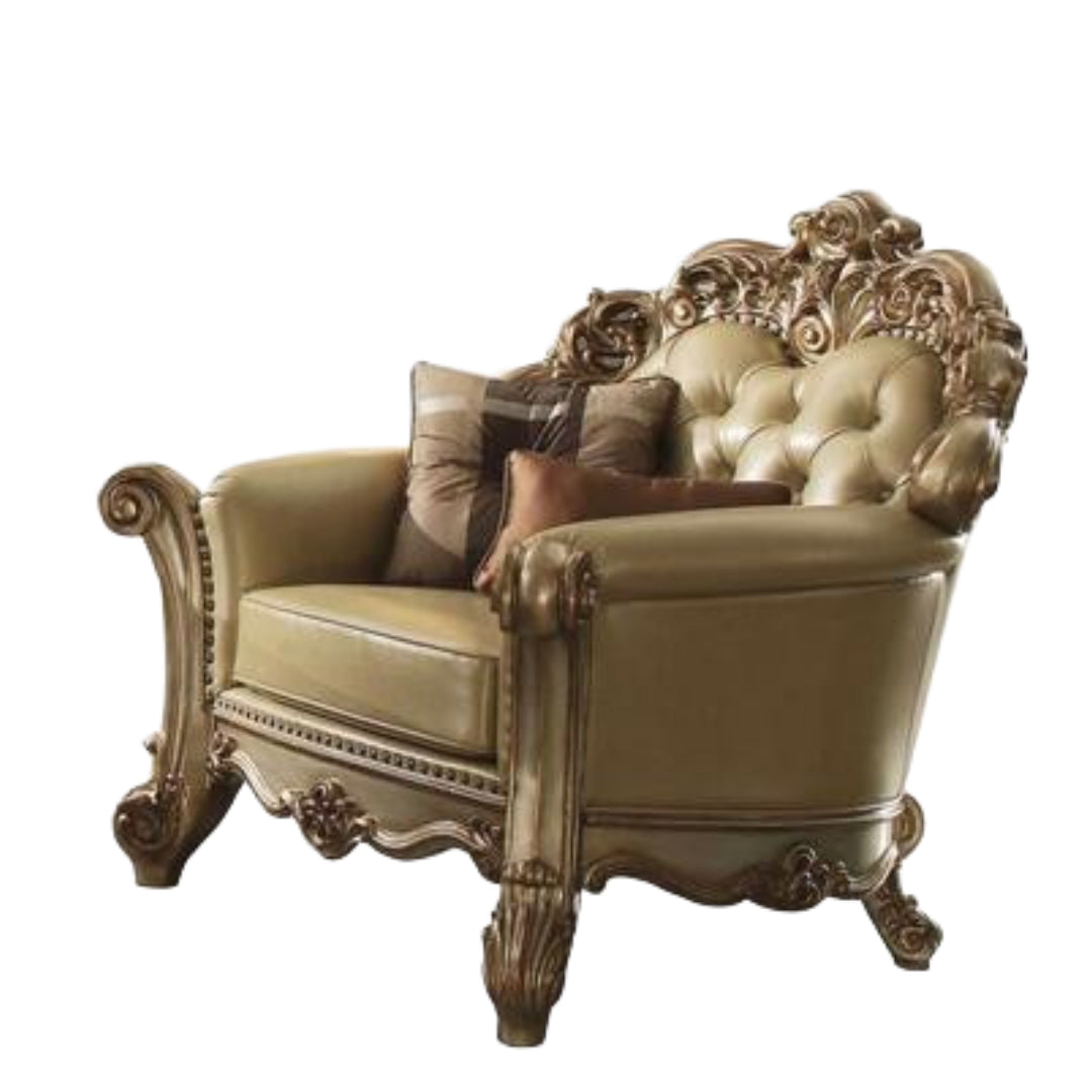 48" Bone and Gold Faux Leather Tufted Chair and a Half And Toss Pillows-Accent Chairs-DECOROLALA