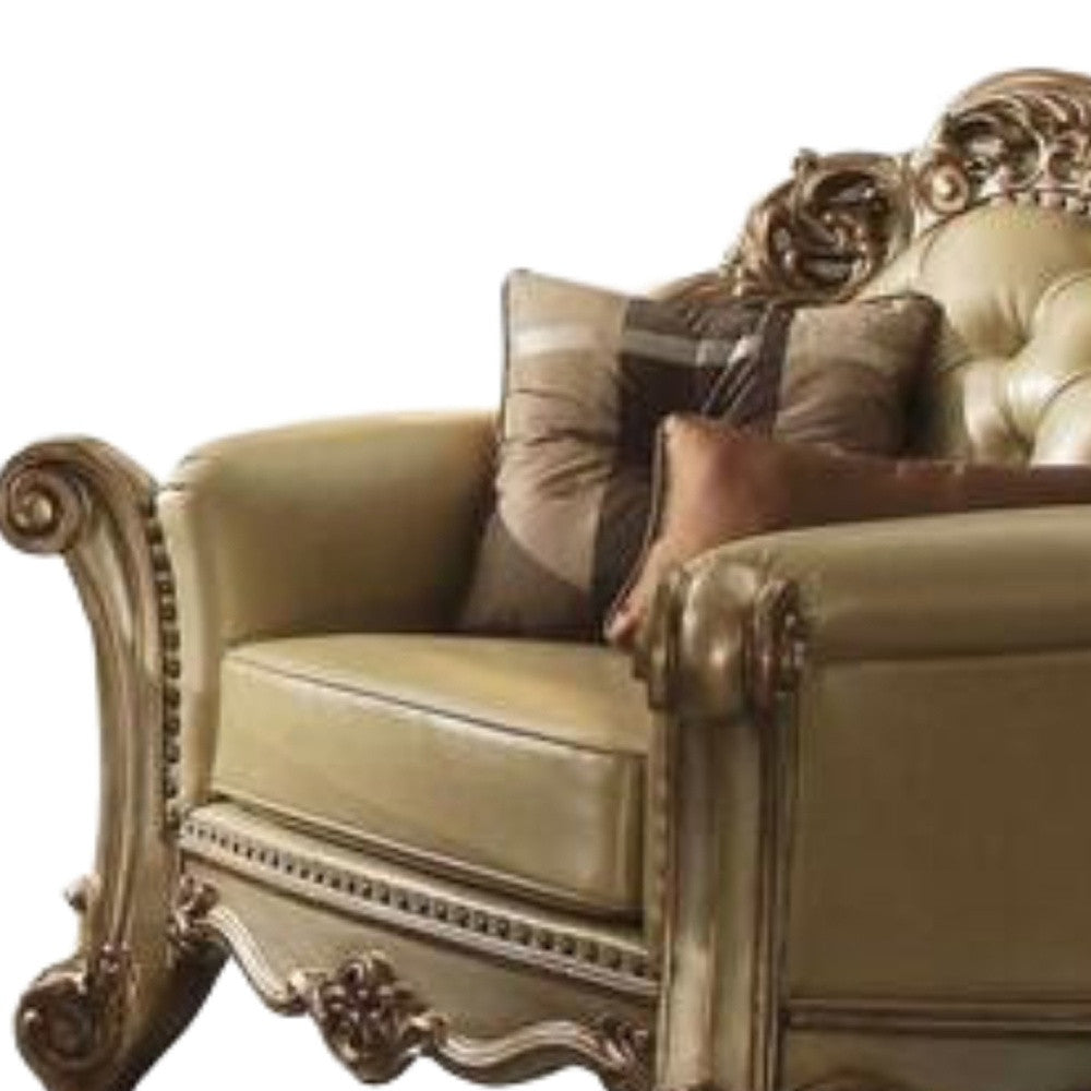 48" Bone and Gold Faux Leather Tufted Chair and a Half And Toss Pillows-Accent Chairs-DECOROLALA