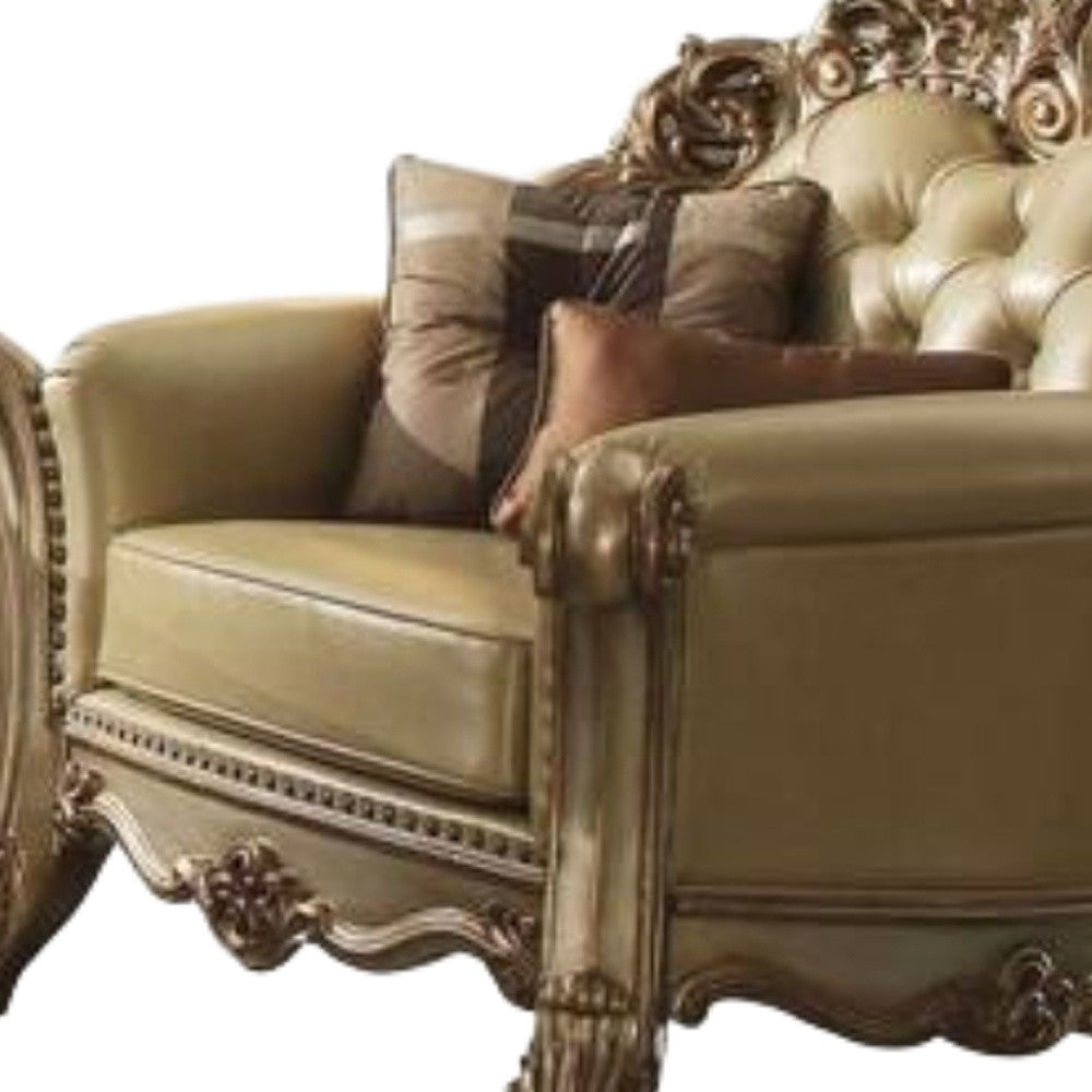 48" Bone and Gold Faux Leather Tufted Chair and a Half And Toss Pillows-Accent Chairs-DECOROLALA