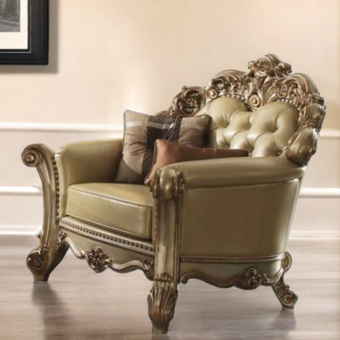 48" Bone and Gold Faux Leather Tufted Chair and a Half And Toss Pillows-Accent Chairs-DECOROLALA