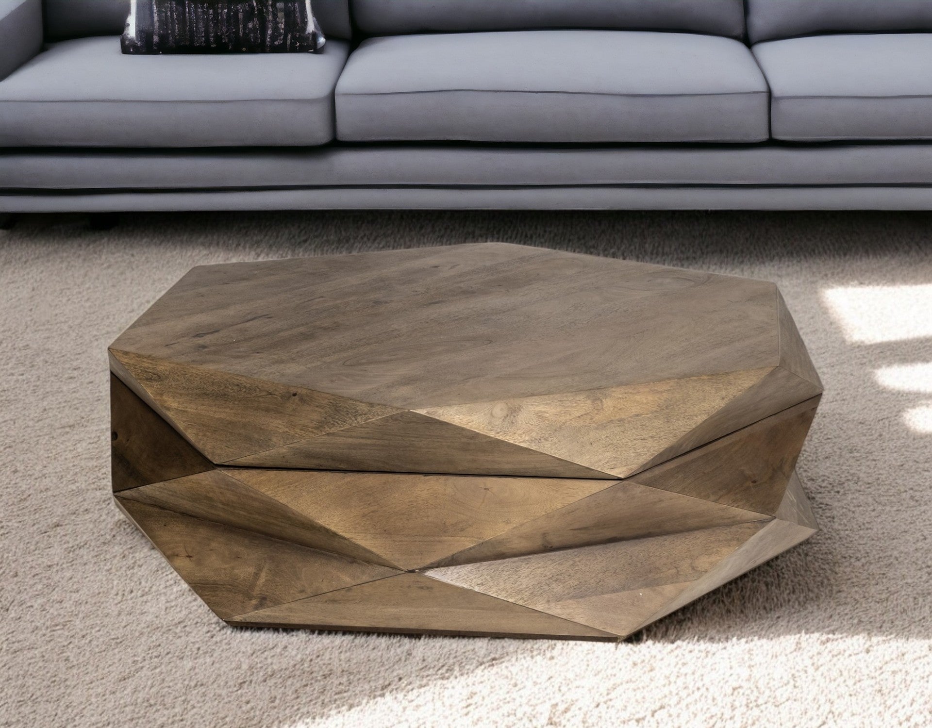 48" Brown Wood Hexagon Coffee Table-Coffee Tables-DECOROLALA