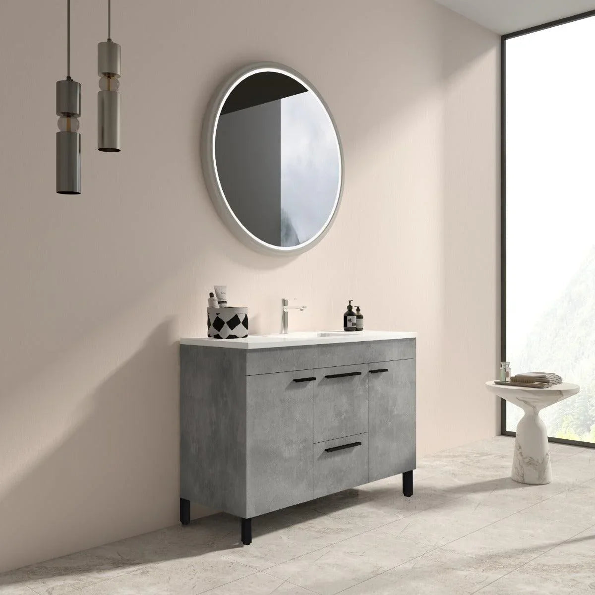 48" Cement Freestanding Single Sink Bathroom Vanity with White Ceramic Countertop Odessa-Migration_Bathroom Vanities-DECOROLALA