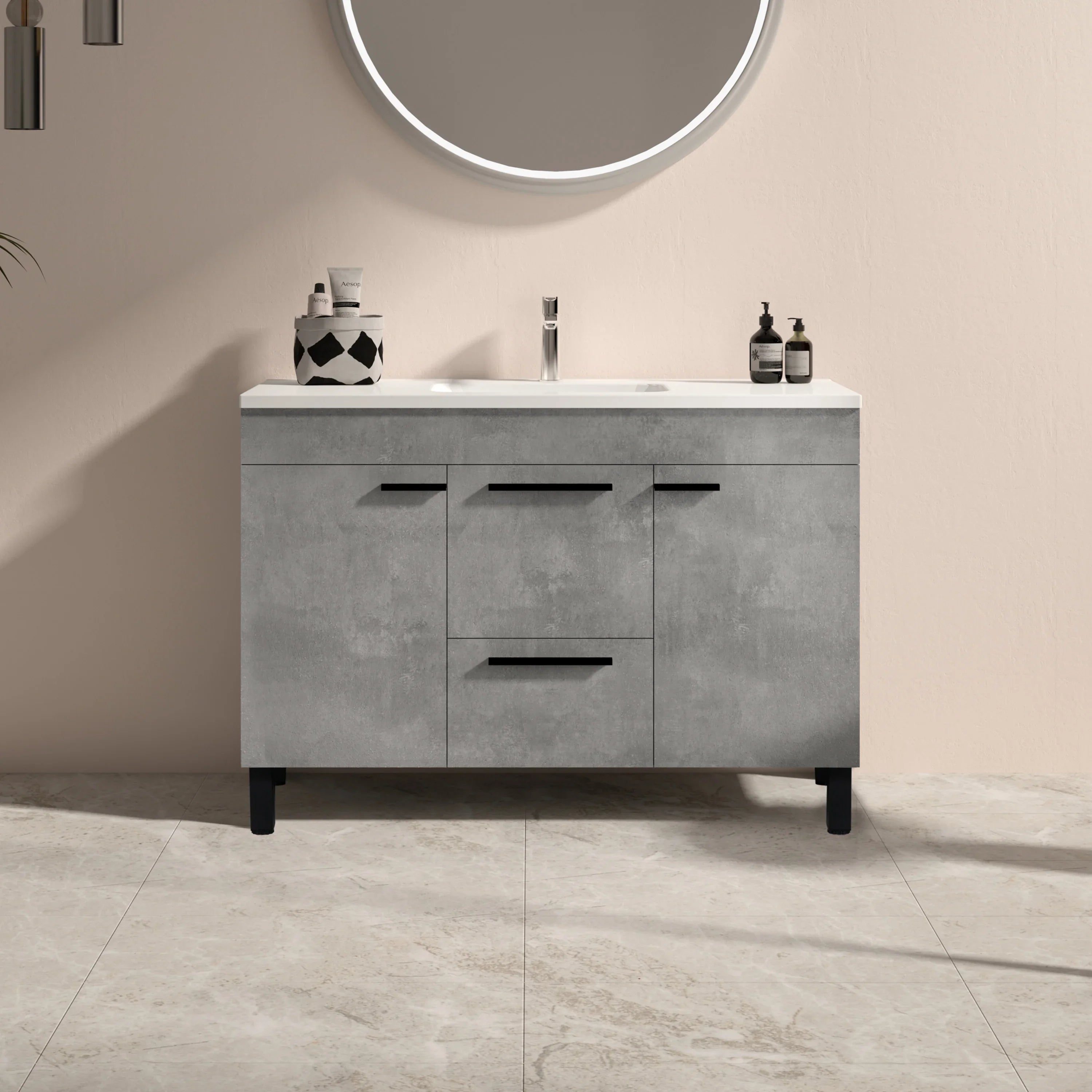 48" Cement Freestanding Single Sink Bathroom Vanity with White Ceramic Countertop Odessa-Migration_Bathroom Vanities-DECOROLALA