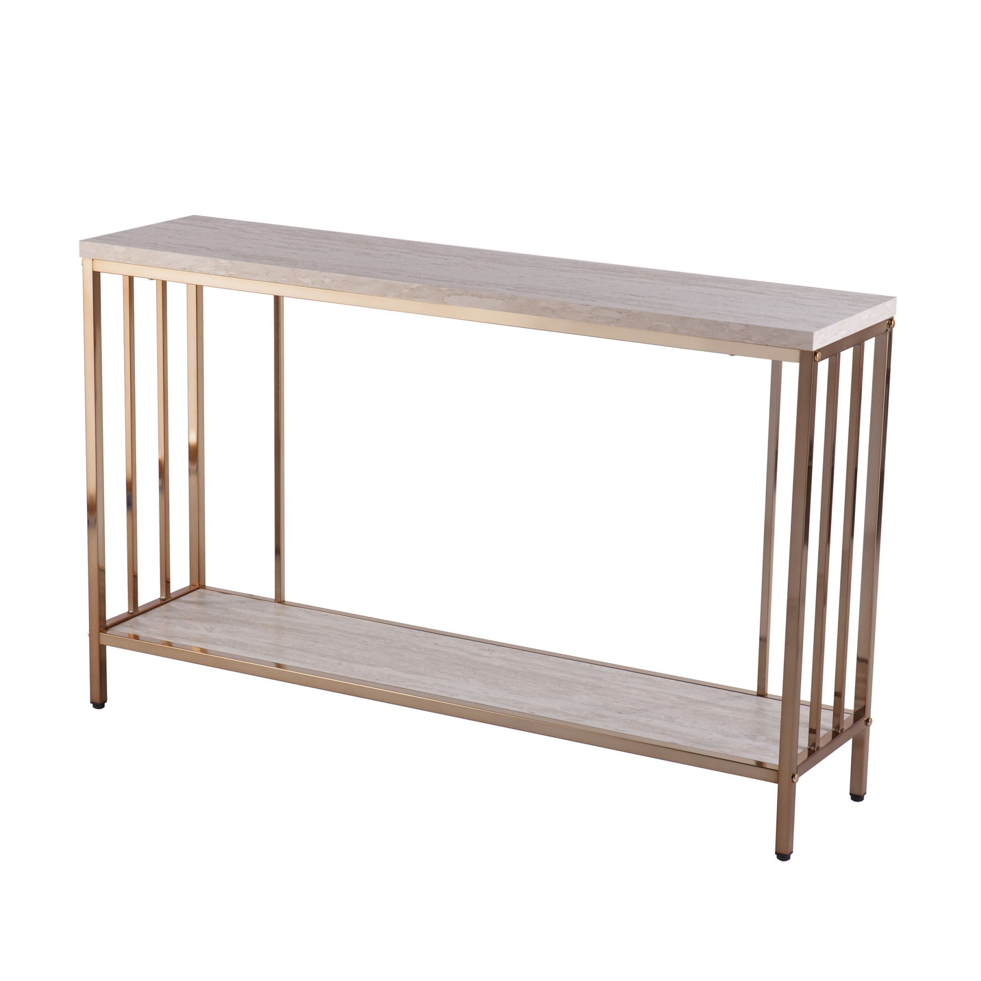 48" Champagne and Gold Faux Stone Floor Shelf Console Table With Storage-Console Tables-DECOROLALA