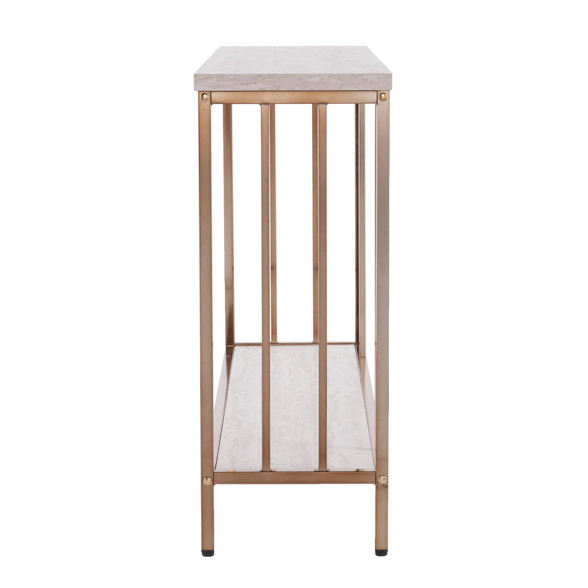 48" Champagne and Gold Faux Stone Floor Shelf Console Table With Storage-Console Tables-DECOROLALA