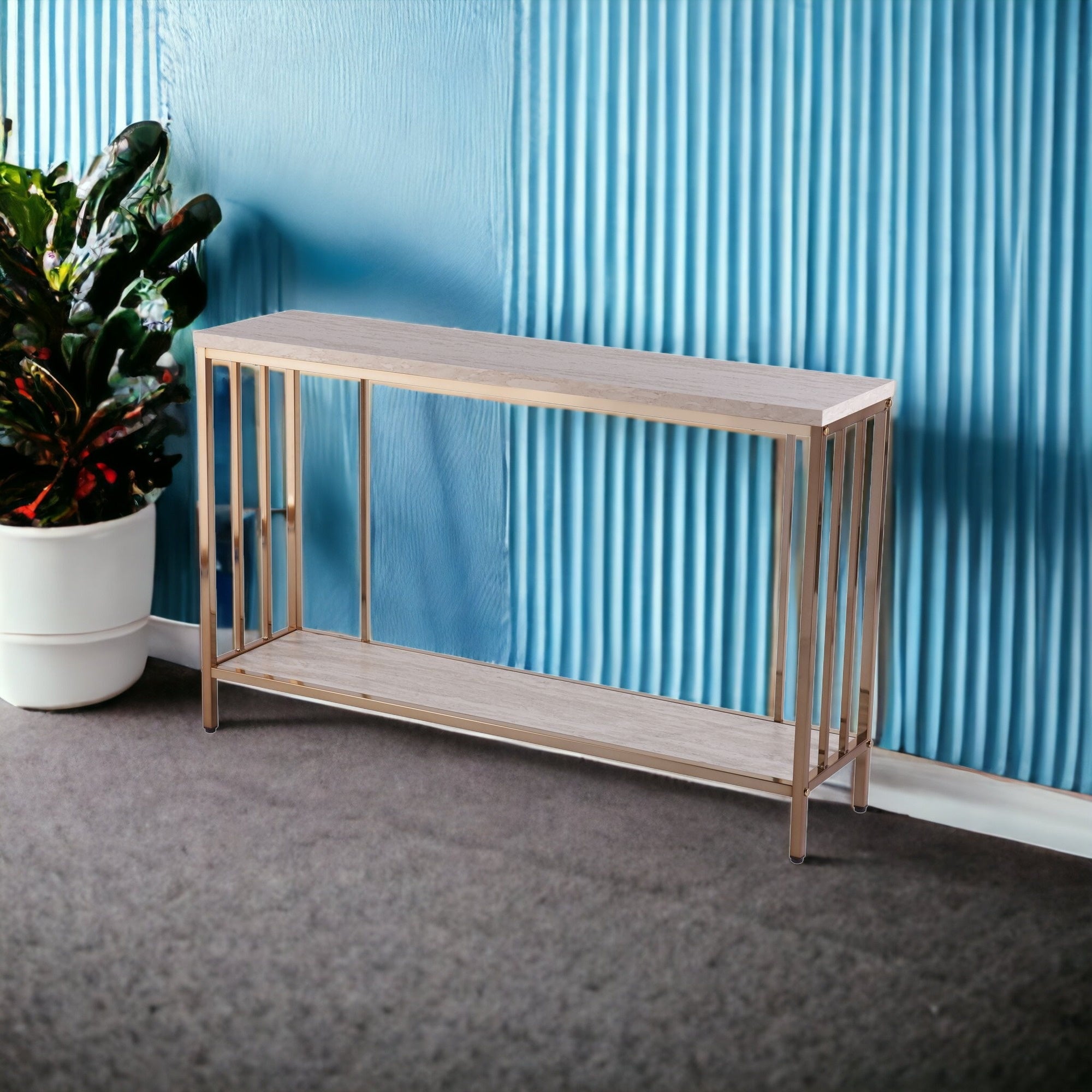 48" Champagne and Gold Faux Stone Floor Shelf Console Table With Storage-Console Tables-DECOROLALA