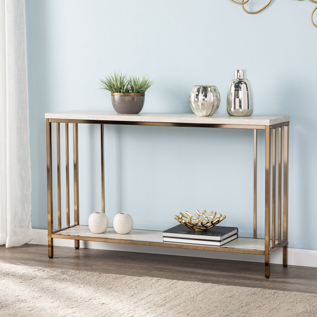 48" Champagne and Gold Faux Stone Floor Shelf Console Table With Storage-Console Tables-DECOROLALA