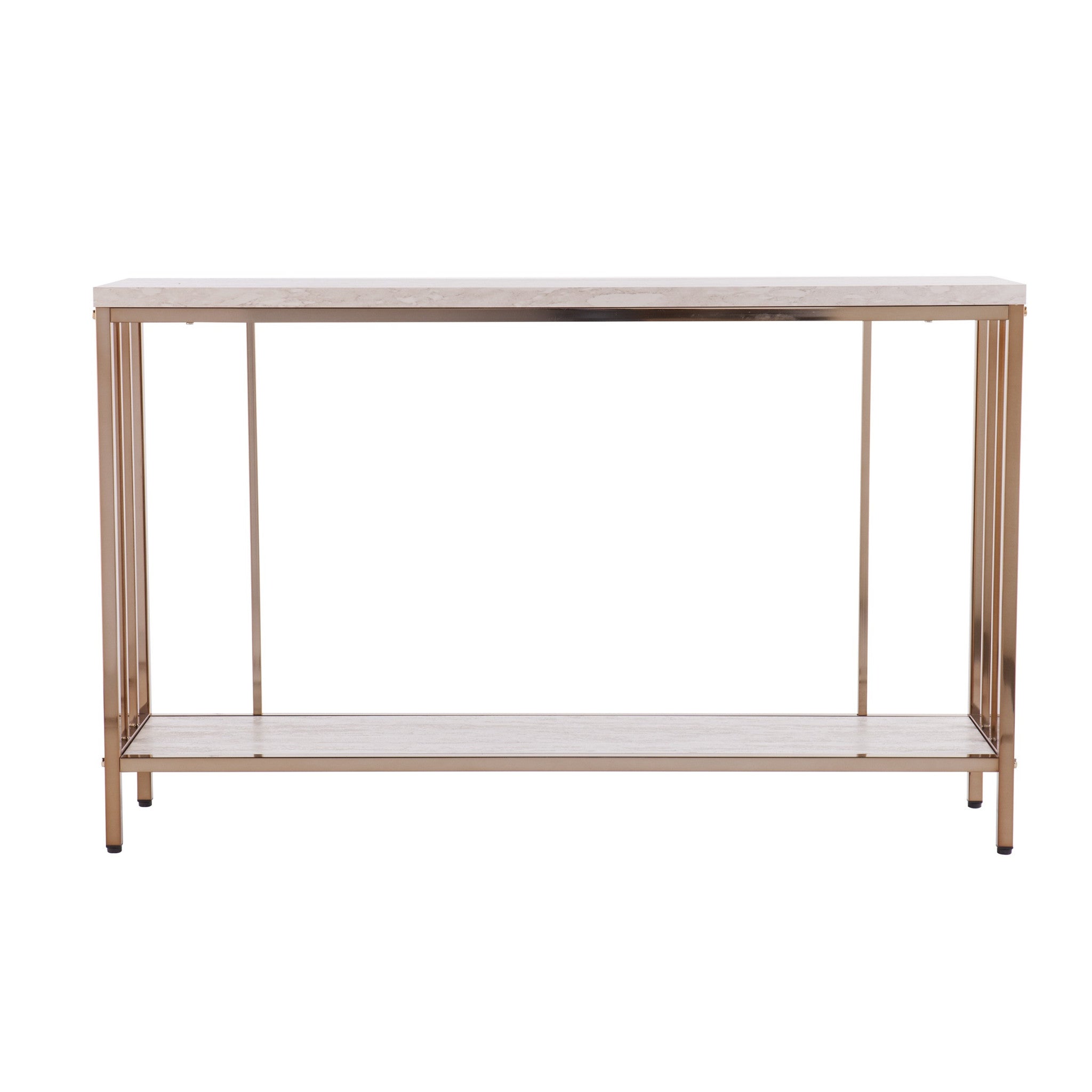 48" Champagne and Gold Faux Stone Floor Shelf Console Table With Storage-Console Tables-DECOROLALA