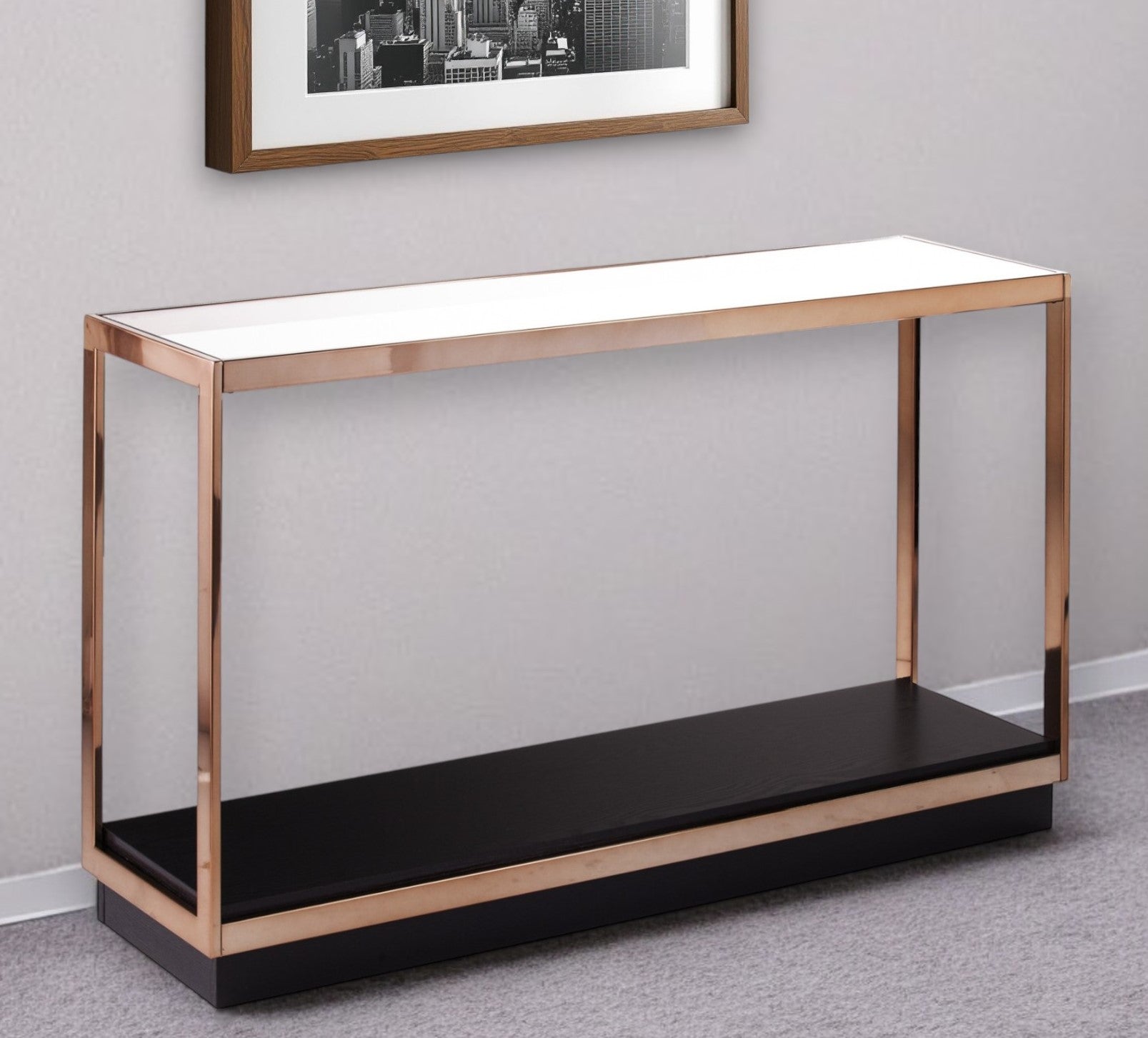 48" Clear Black and Champagne Glass Floor Shelf Console Table With Shelf-Console Tables-DECOROLALA