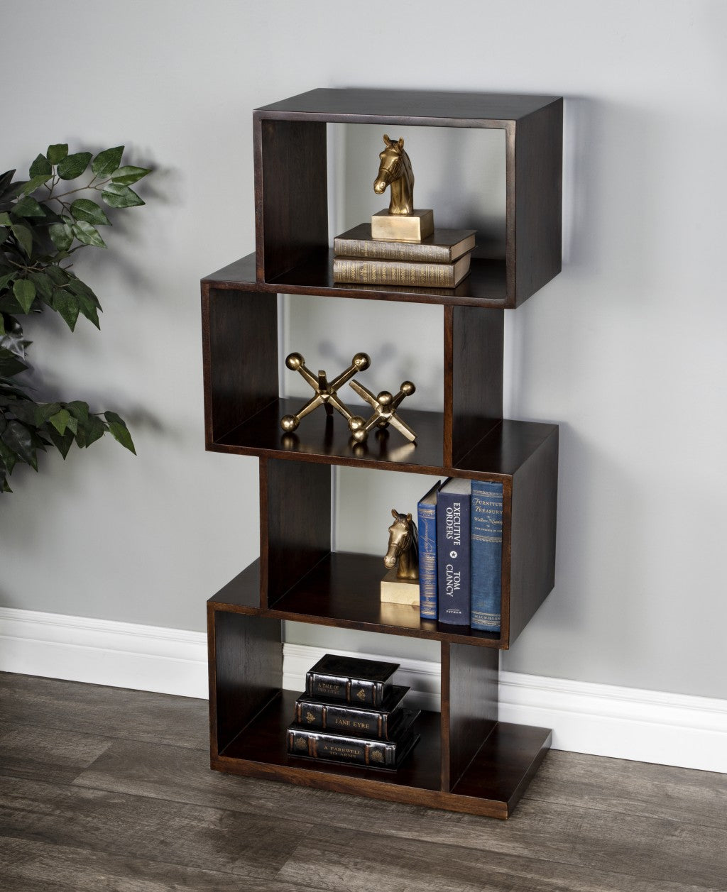 48" Dark Brown Wood Three Tier Bookcase-Bookcases-DECOROLALA