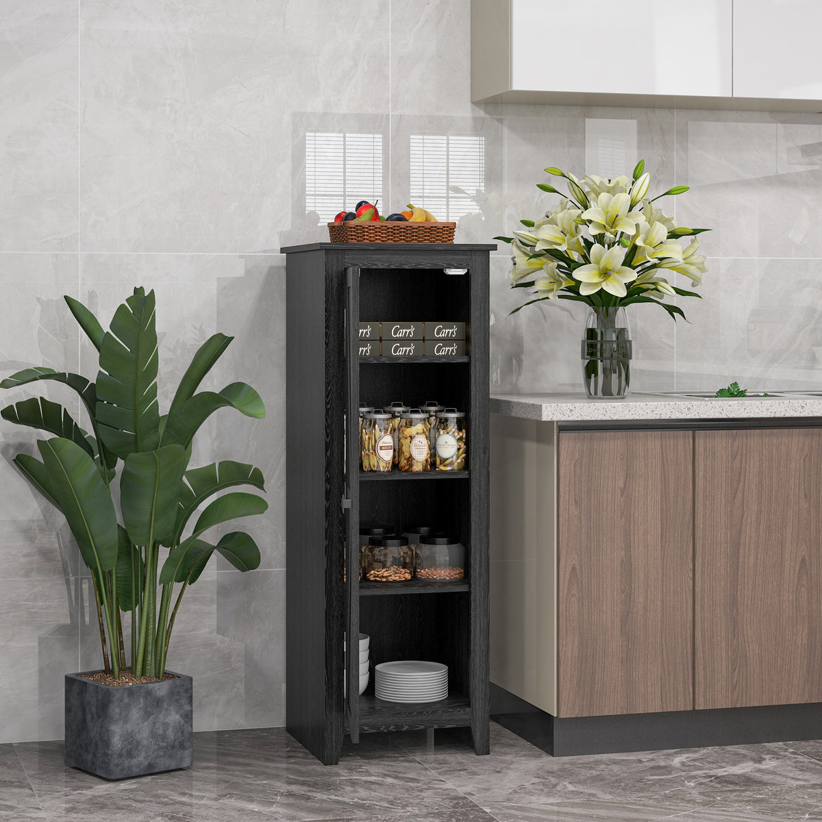 48" Farmhouse Kitchen Pantry Cabinet - Black Barn Door-Home Furnishings > Storage & Organization > Kitchen Pantry Cabinets-DECOROLALA