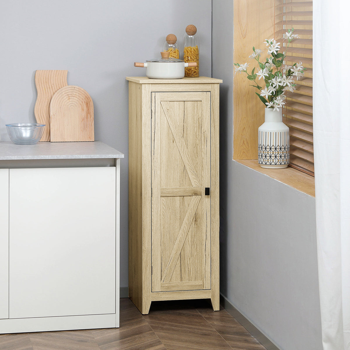 48" Farmhouse Kitchen Pantry Cabinet - Natural Barn Door-Home Furnishings > Storage & Organization > Kitchen Pantry Cabinets-DECOROLALA
