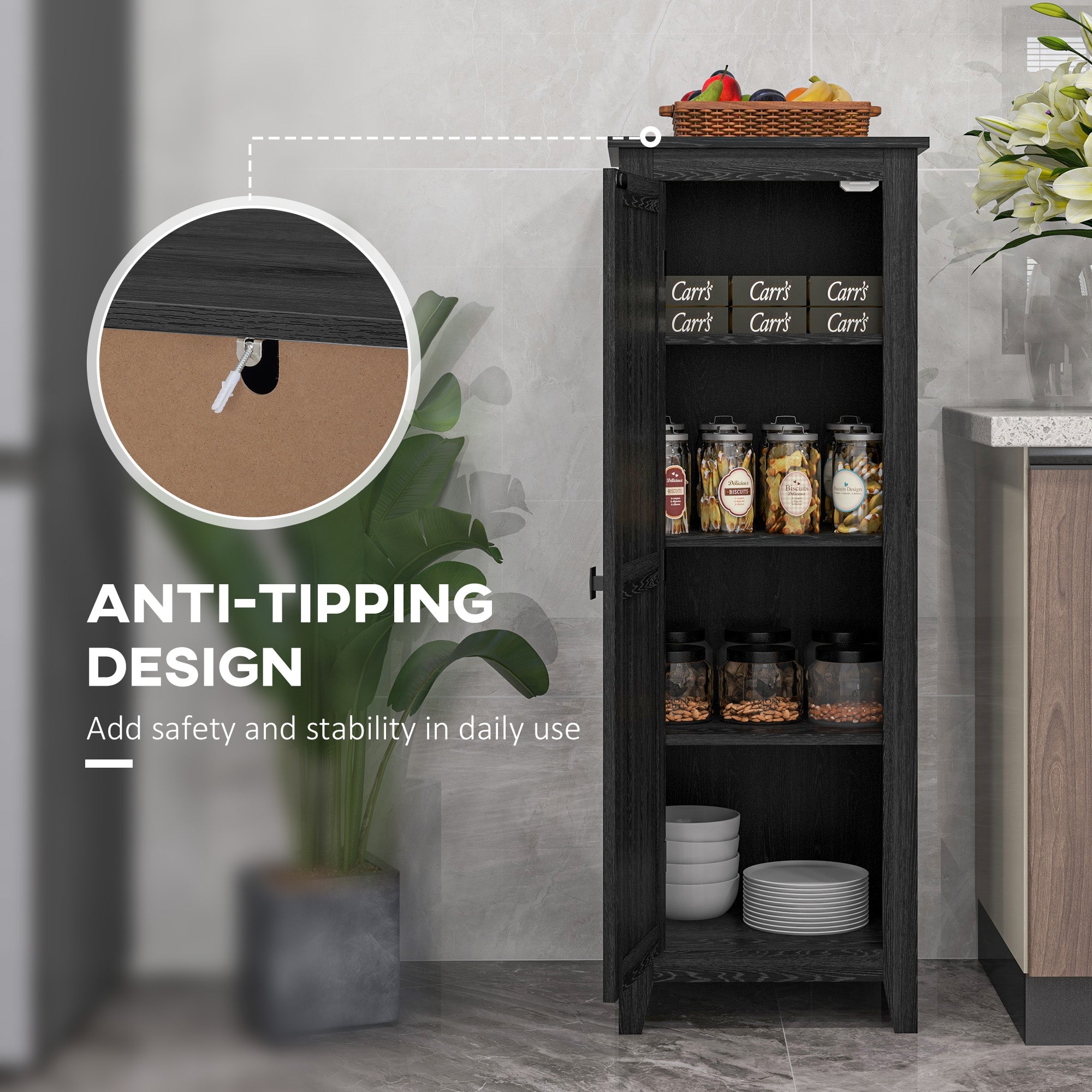 48" Farmhouse Kitchen Pantry Storage Cabinet with Barn Door, Kitchen Pantry Cabinet with Adjustable Shelves, Black-Home Furnishings > Storage & Organization > Kitchen Pantry Cabinets-DECOROLALA