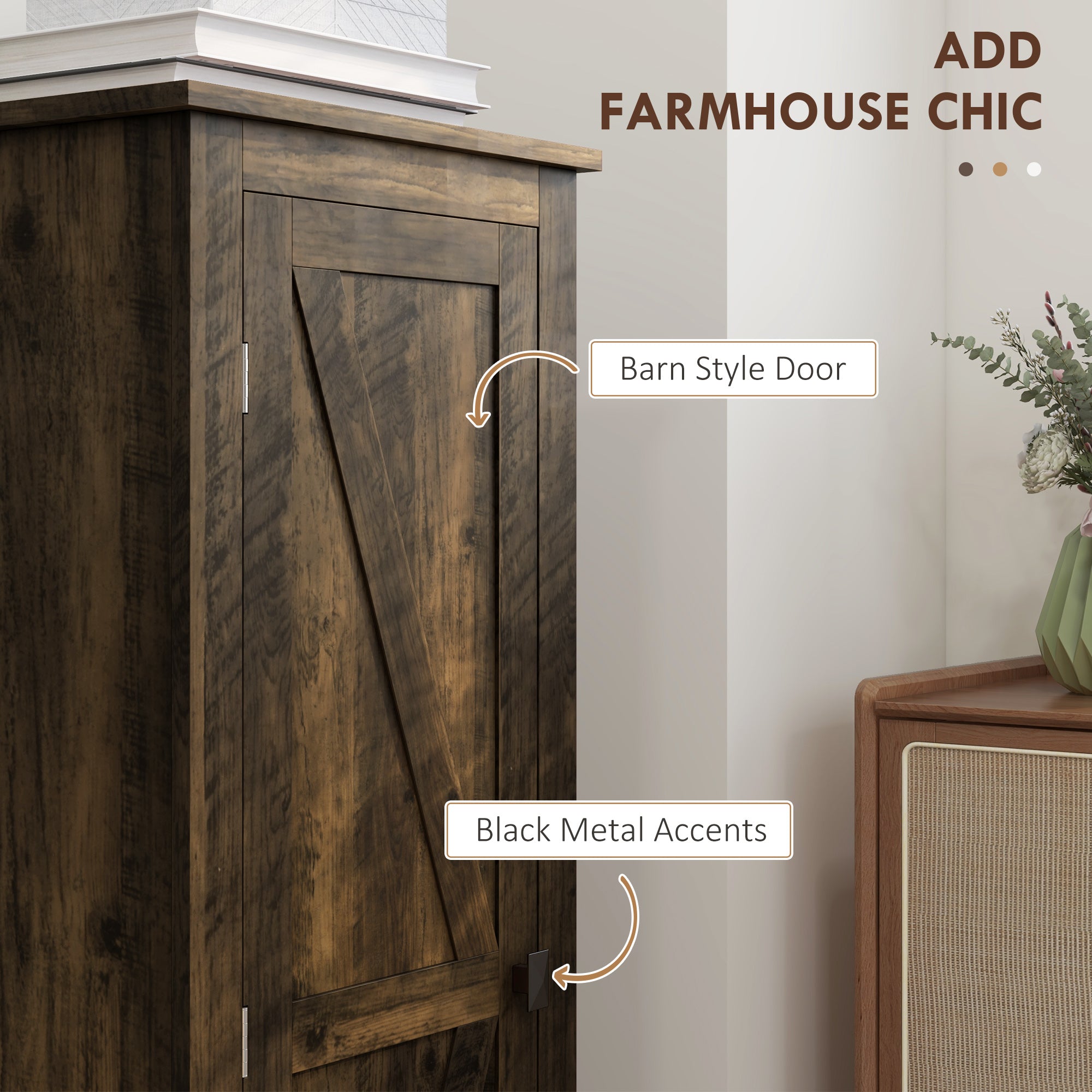 48" Farmhouse Kitchen Pantry Storage Cabinet with Barn Door, Kitchen Pantry Cabinet with Adjustable Shelves, Brown-Home Furnishings > Storage & Organization > Kitchen Pantry Cabinets-DECOROLALA