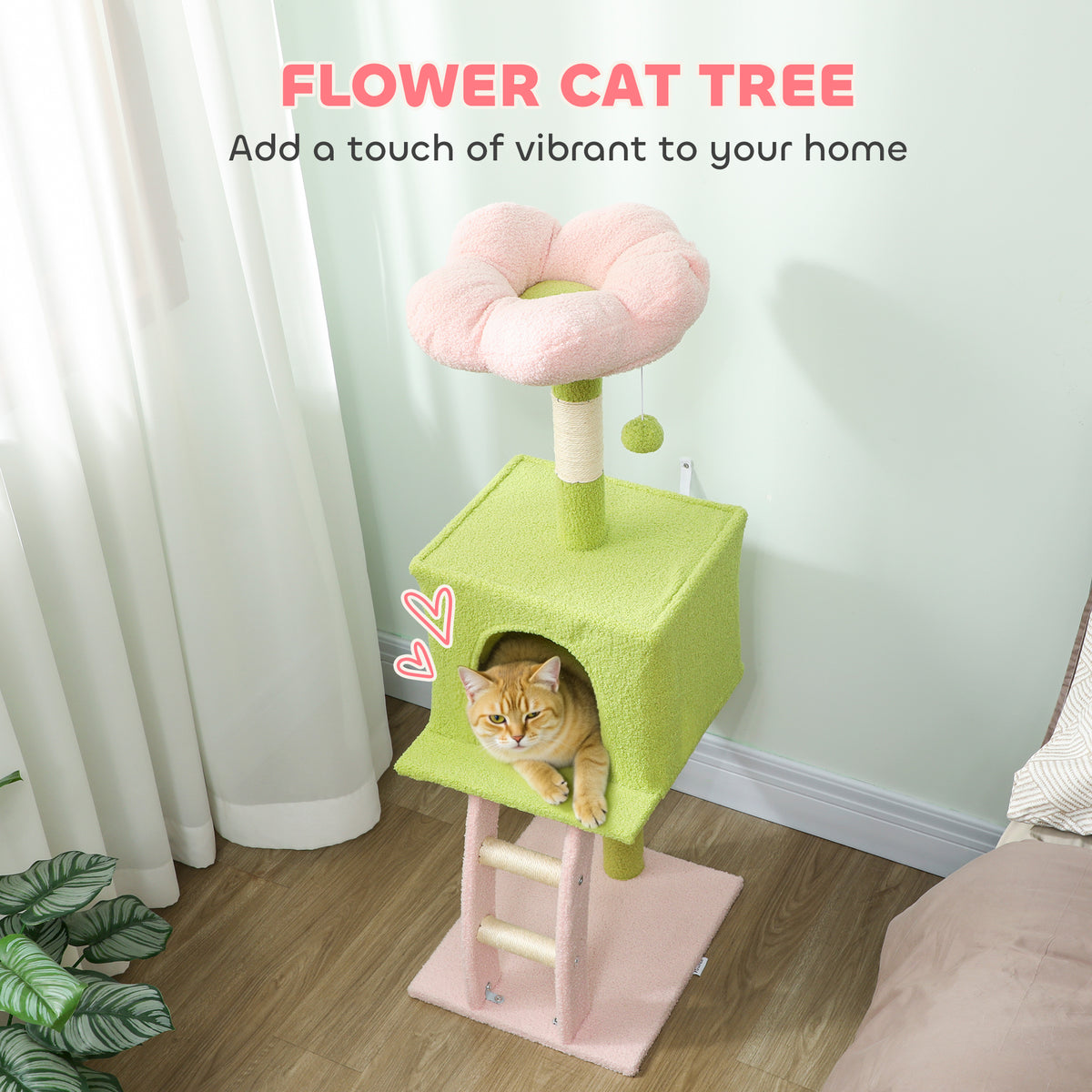 48" Flower Cat Tree with Condo, Ladder and Perch - Green-Cats-DECOROLALA