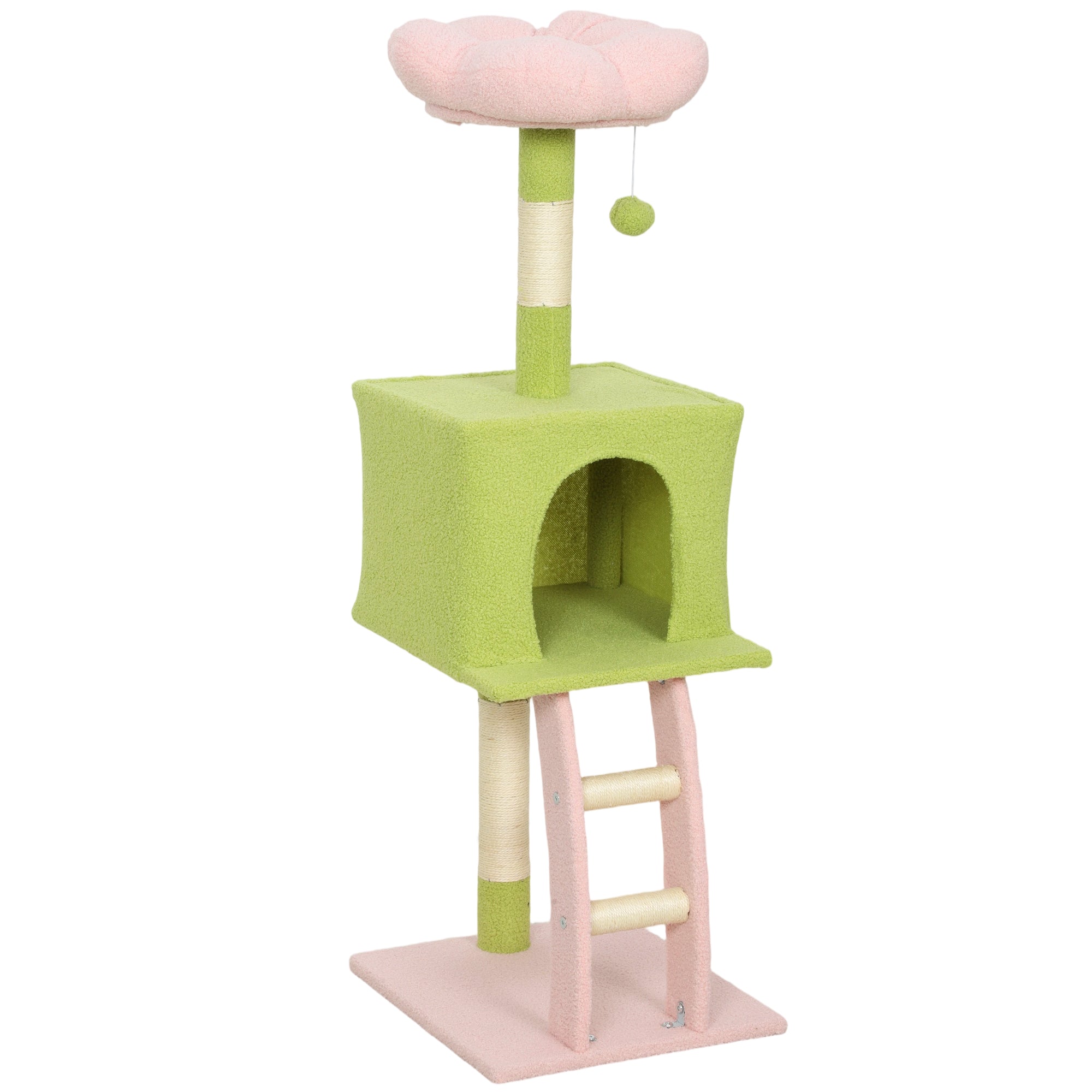 48" Flower Cat Tree with Scratching Post, Cozy Bed, Condo, Climbing Ladder, Perch, Dangling Ball, Green-Cats-DECOROLALA