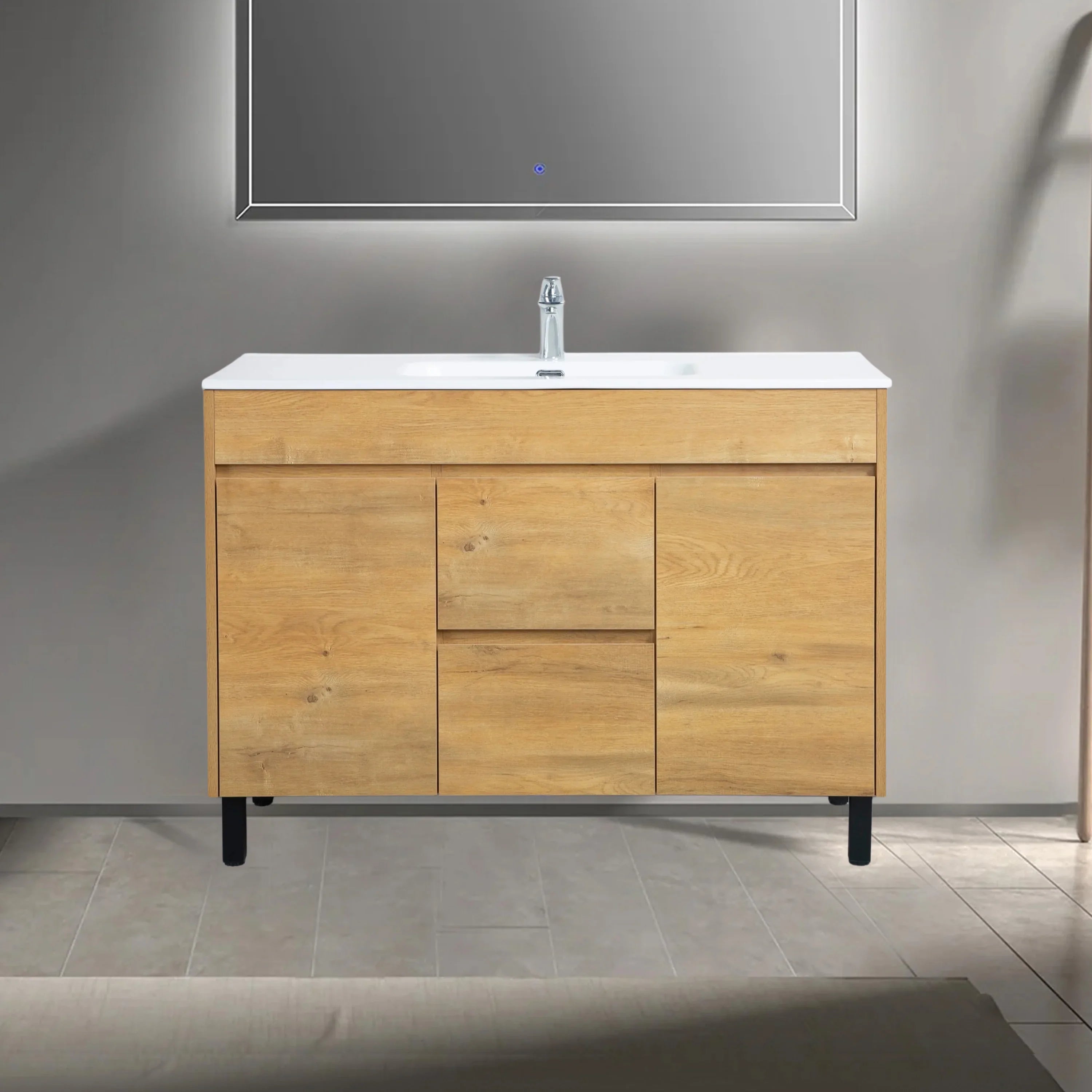 48" Frosted Oak Freestanding Bathroom Vanity with White Ceramic Countertop-Migration_Bathroom Vanities-DECOROLALA