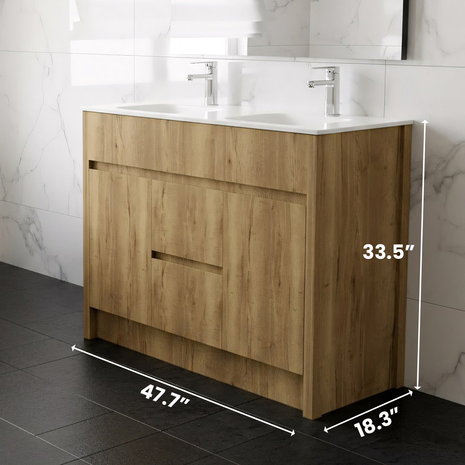 48" Frosted Oak Freestanding Double Sink Bathroom Vanity with White Ceramic Countertop-Migration_Bathroom Vanities-DECOROLALA