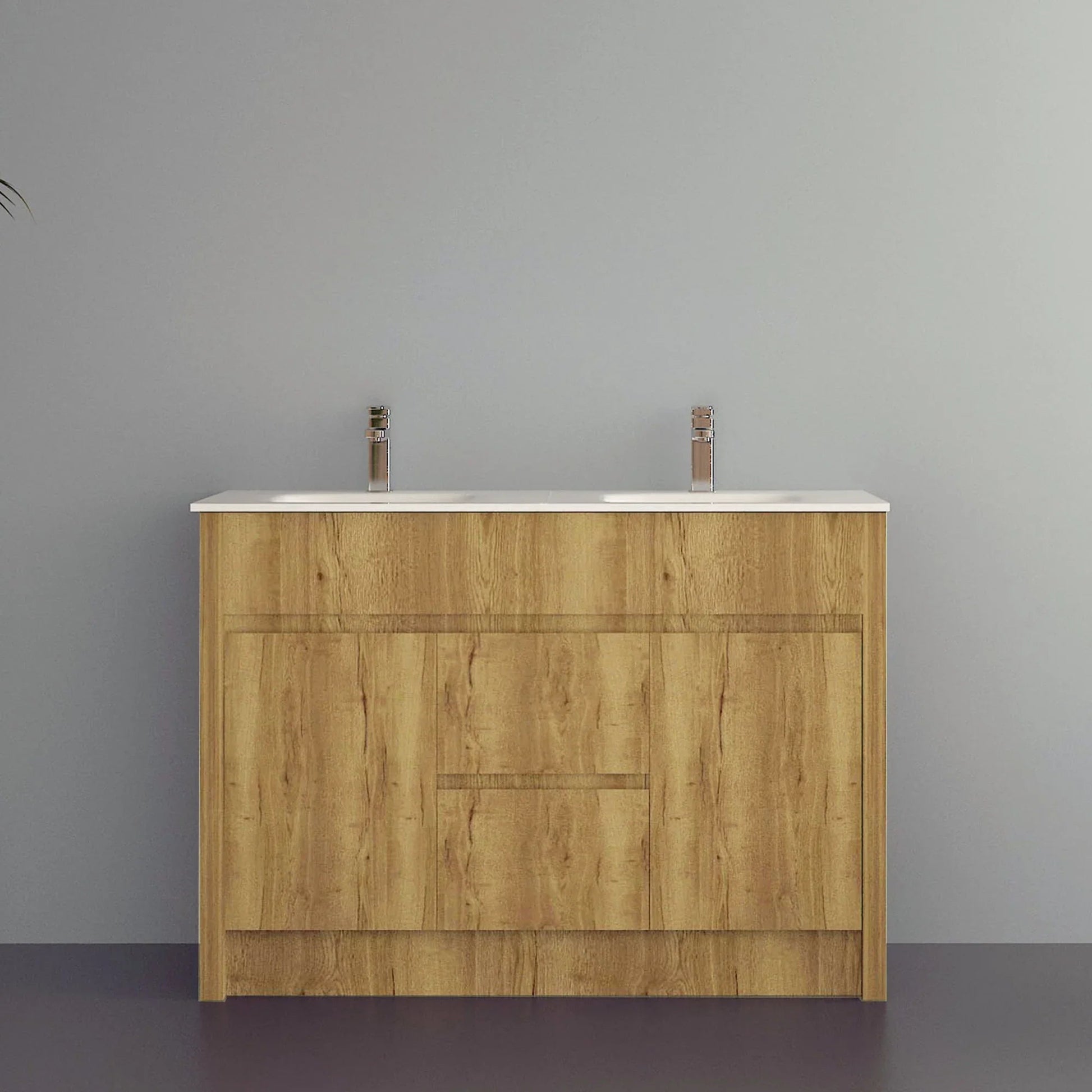 48" Frosted Oak Freestanding Double Sink Bathroom Vanity with White Ceramic Countertop-Migration_Bathroom Vanities-DECOROLALA