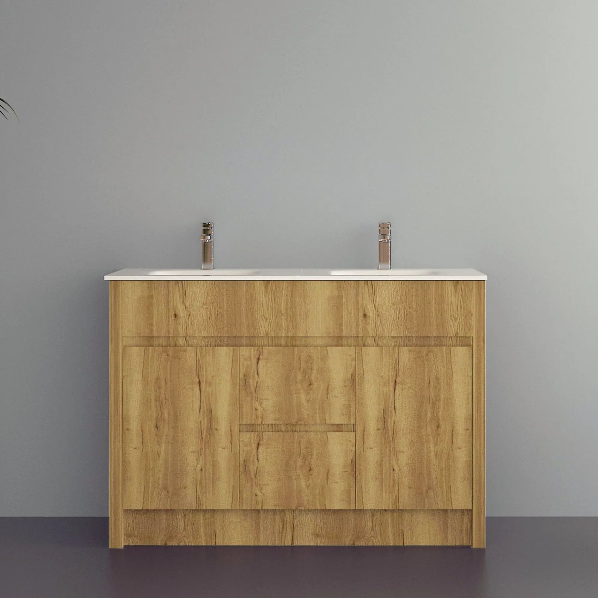 48" Frosted Oak Freestanding Double Sink Bathroom Vanity with White Ceramic Countertop-Migration_Bathroom Vanities-DECOROLALA
