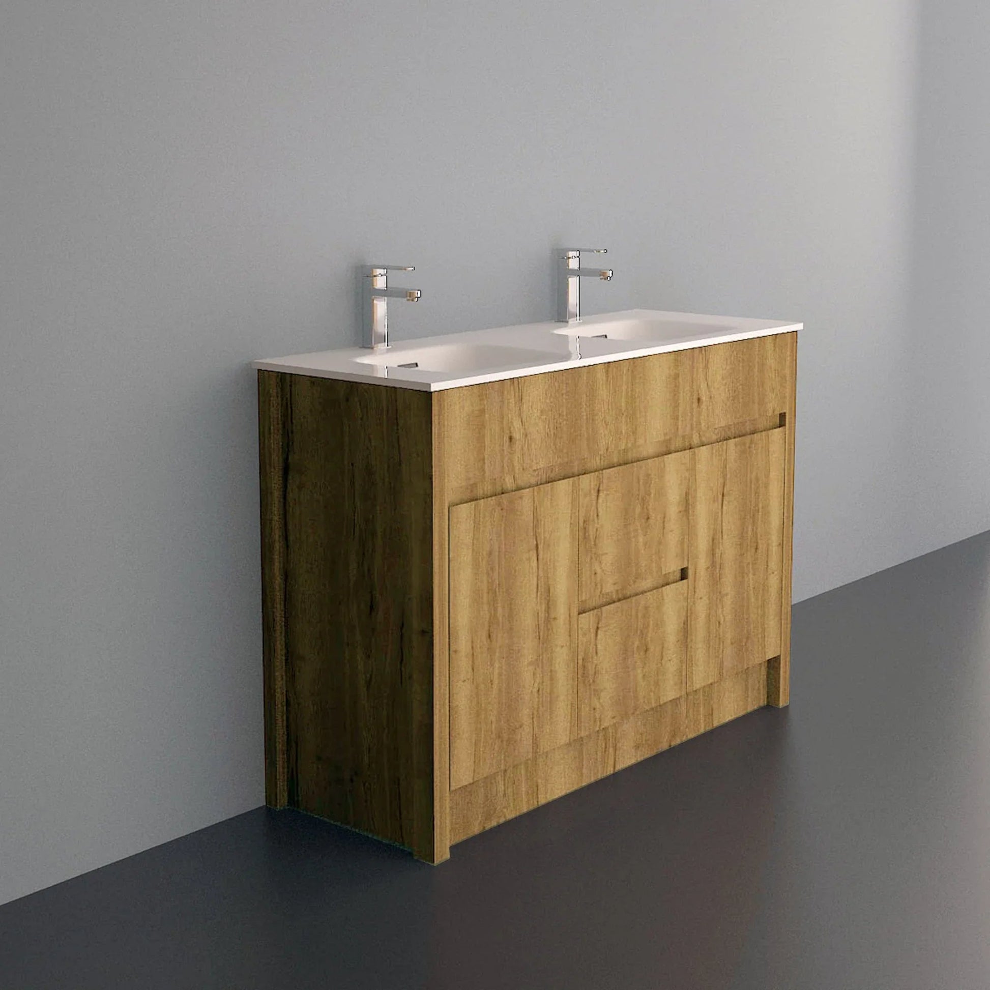 48" Frosted Oak Freestanding Double Sink Bathroom Vanity with White Ceramic Countertop-Migration_Bathroom Vanities-DECOROLALA
