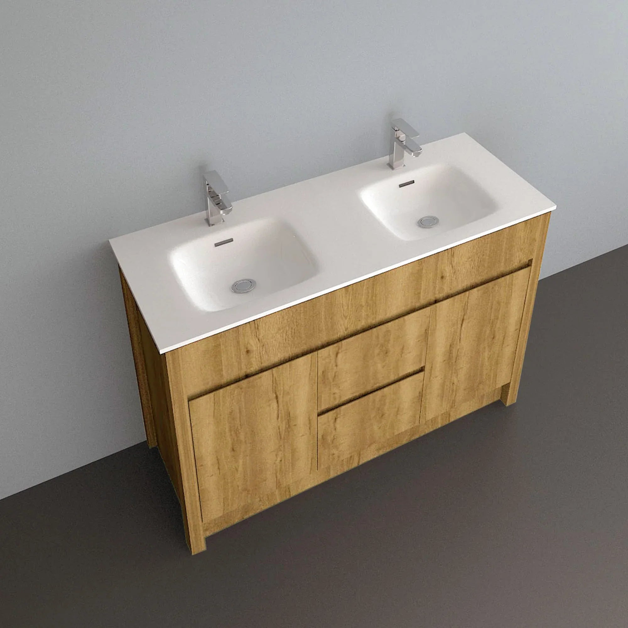 48" Frosted Oak Freestanding Double Sink Bathroom Vanity with White Ceramic Countertop-Migration_Bathroom Vanities-DECOROLALA