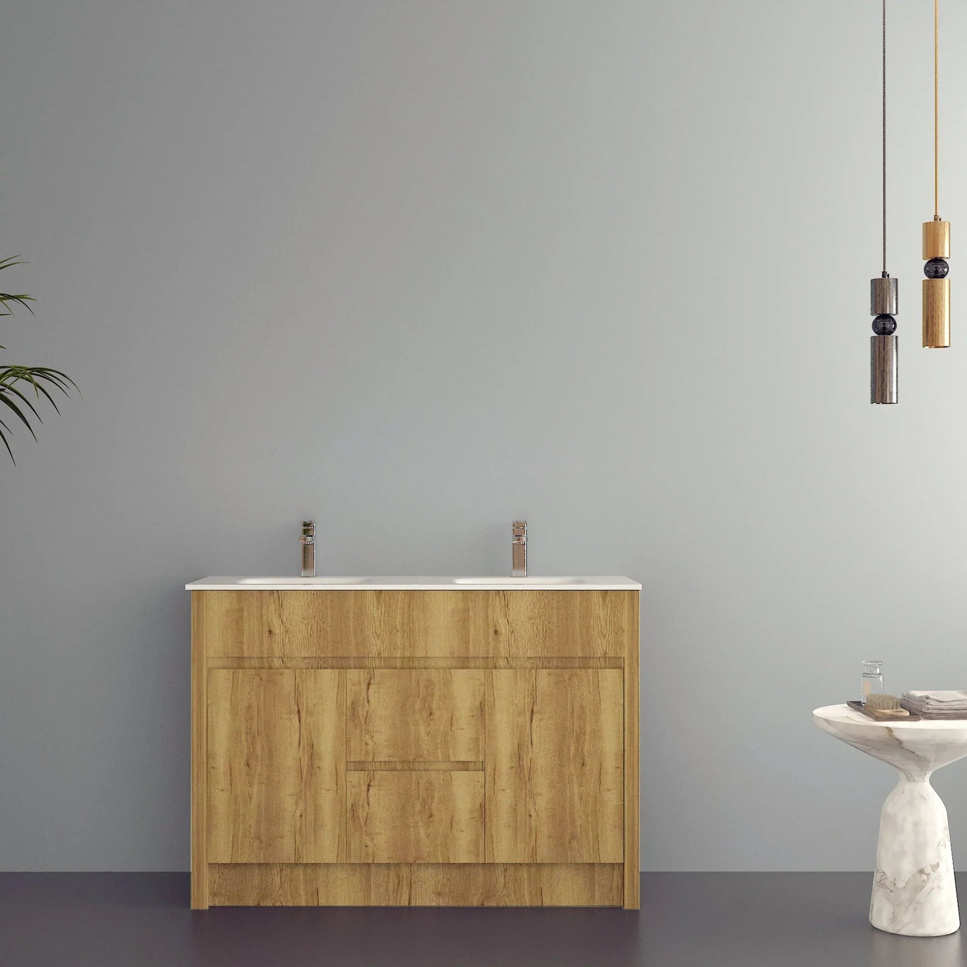 48" Frosted Oak Freestanding Double Sink Bathroom Vanity with White Ceramic Countertop-Migration_Bathroom Vanities-DECOROLALA