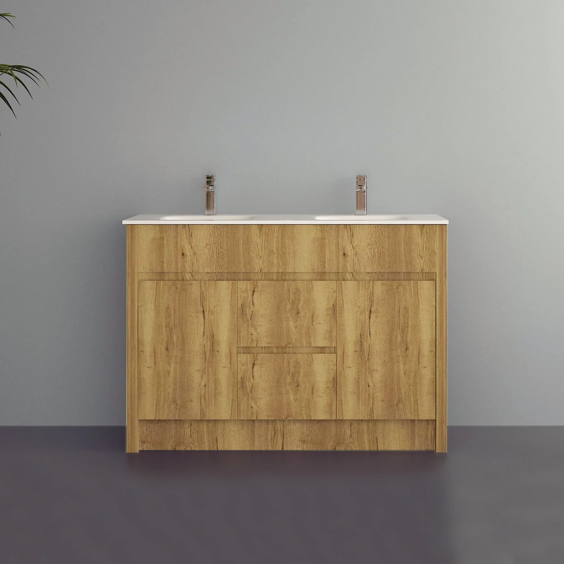 48" Frosted Oak Freestanding Double Sink Bathroom Vanity with White Ceramic Countertop-Migration_Bathroom Vanities-DECOROLALA