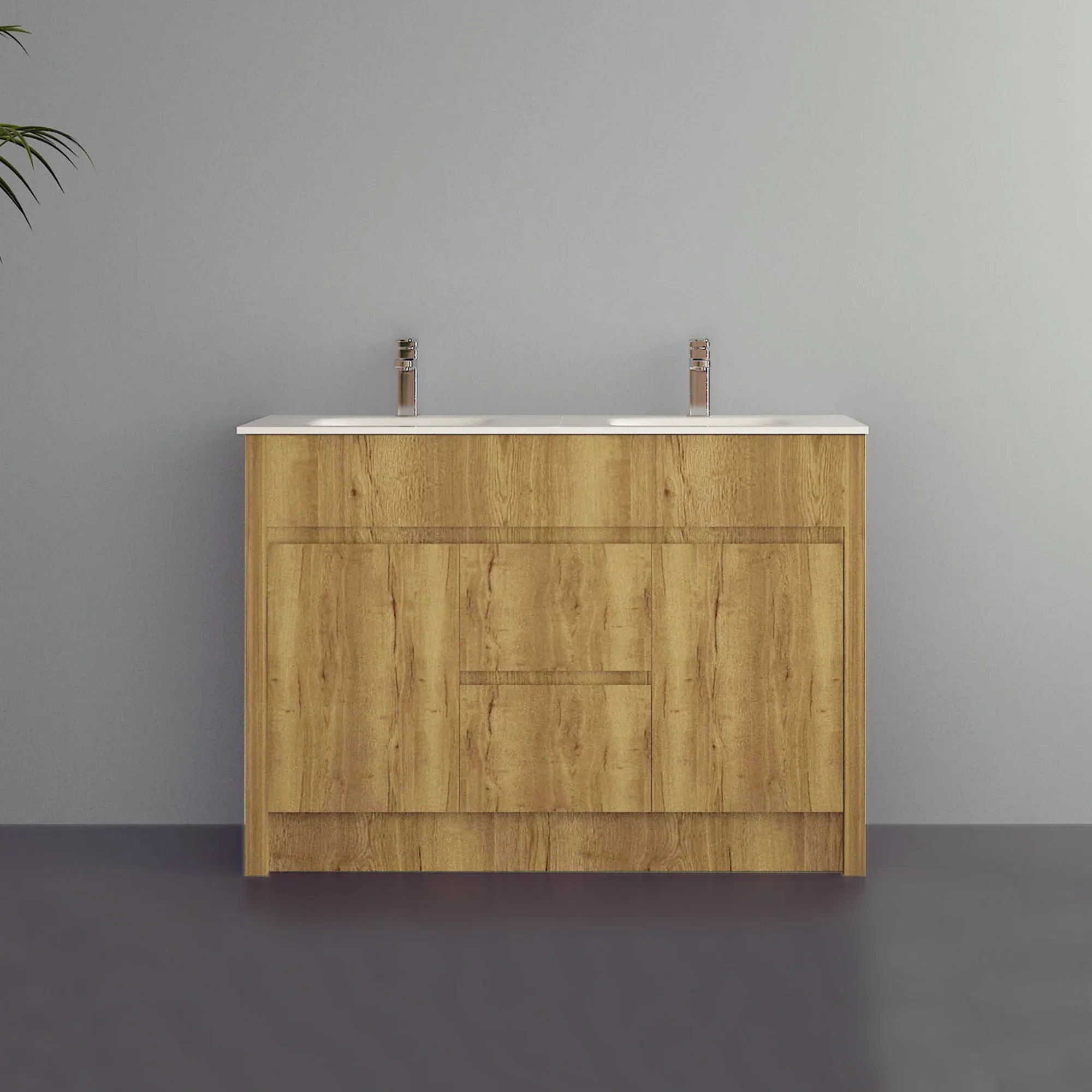 48" Frosted Oak Freestanding Double Sink Bathroom Vanity with White Ceramic Countertop-Migration_Bathroom Vanities-DECOROLALA
