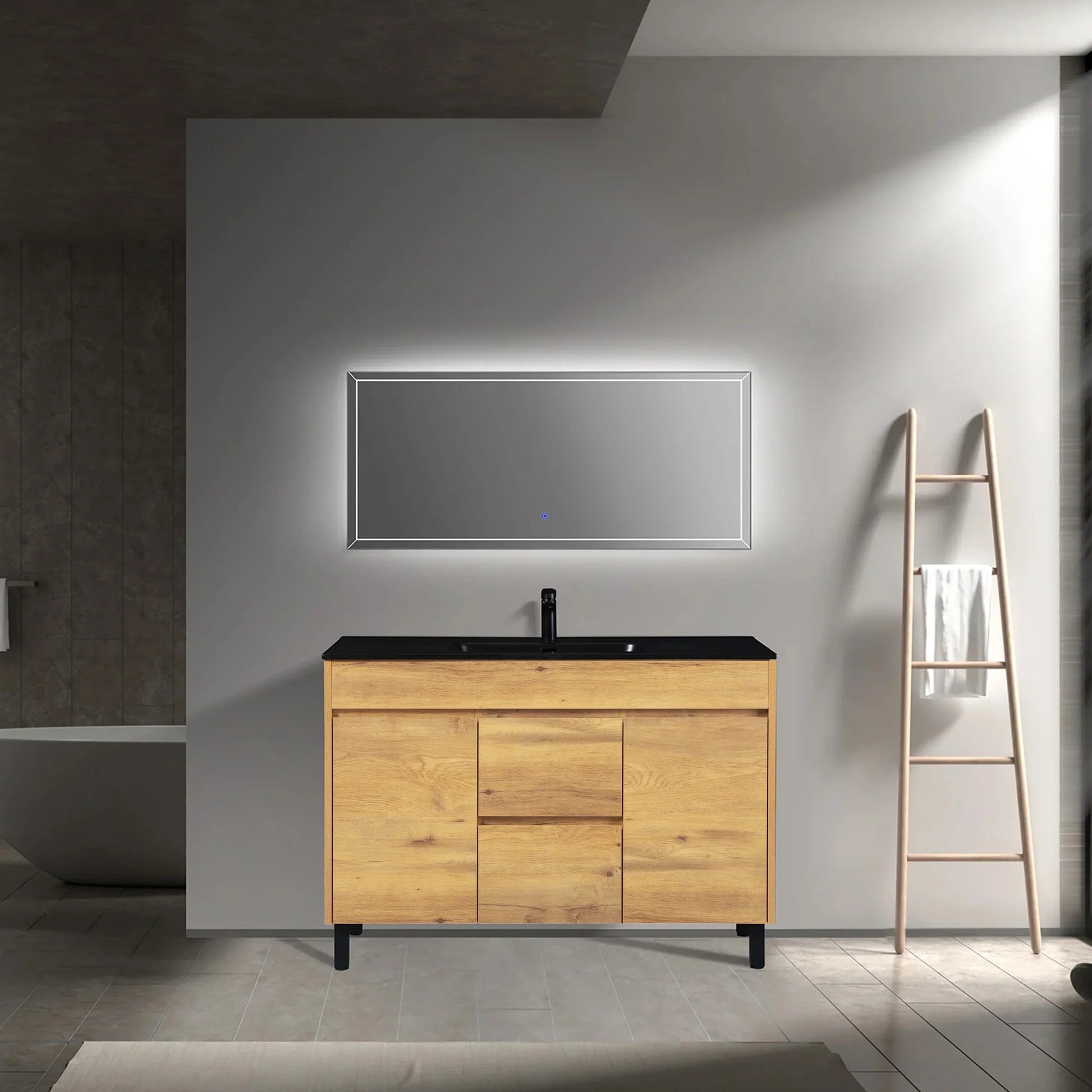 48" Frosted Oak Freestanding Single Sink Bathroom Vanity with Black Ceramic Countetop-Migration_Bathroom Vanities-DECOROLALA