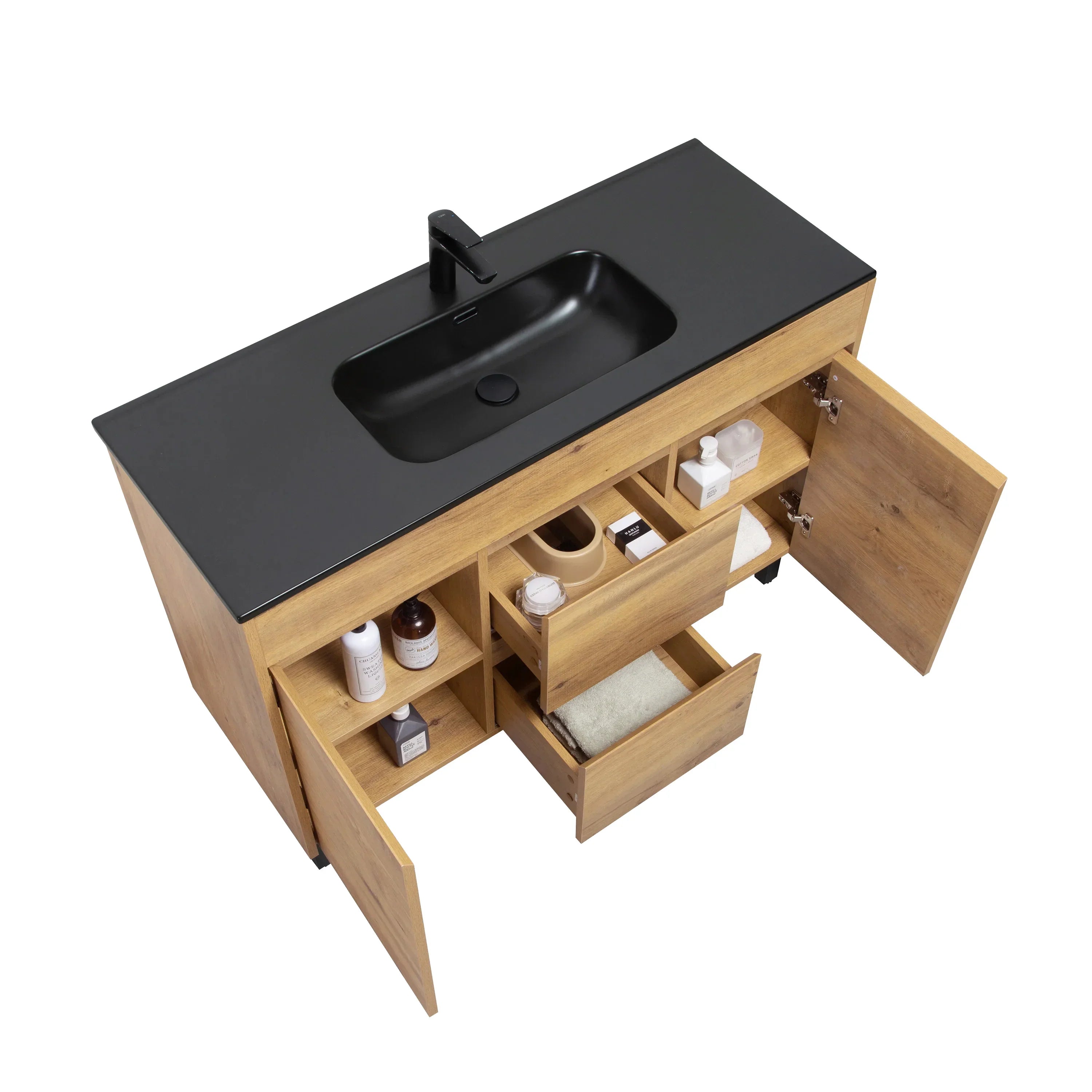 48" Frosted Oak Freestanding Single Sink Bathroom Vanity with Black Ceramic Countetop-Migration_Bathroom Vanities-DECOROLALA