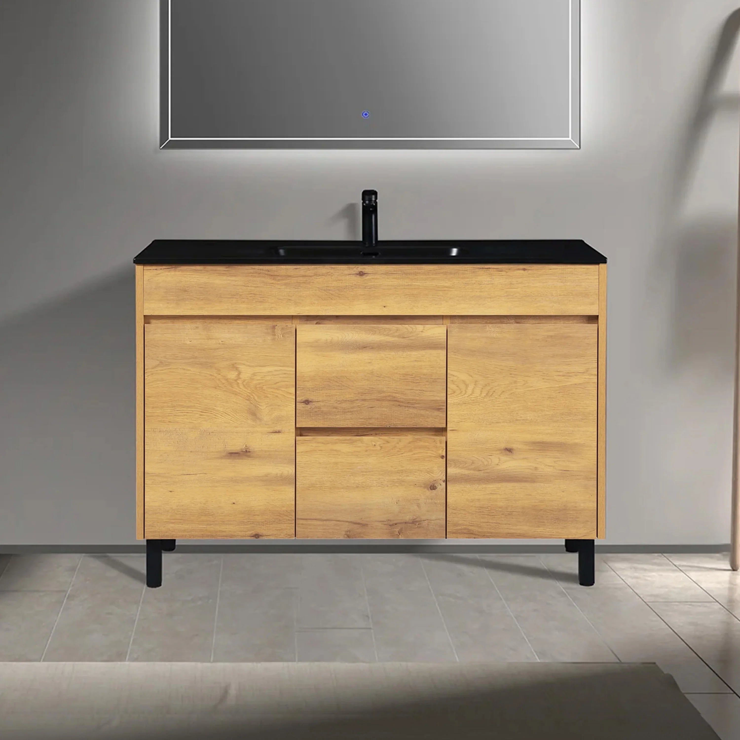 48" Frosted Oak Freestanding Single Sink Bathroom Vanity with Black Ceramic Countetop-Migration_Bathroom Vanities-DECOROLALA