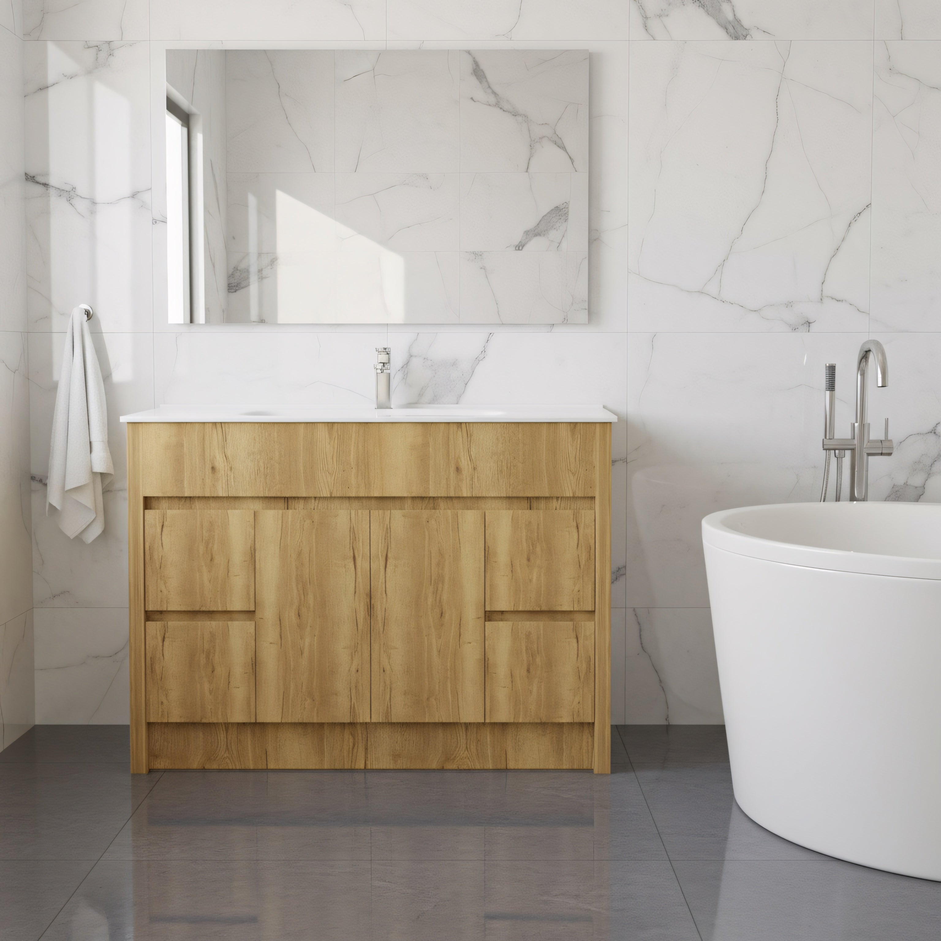 48" Frosted Oak Freestanding Single Sink Bathroom Vanity with White Ceramic Countertop-Migration_Bathroom Vanities-DECOROLALA