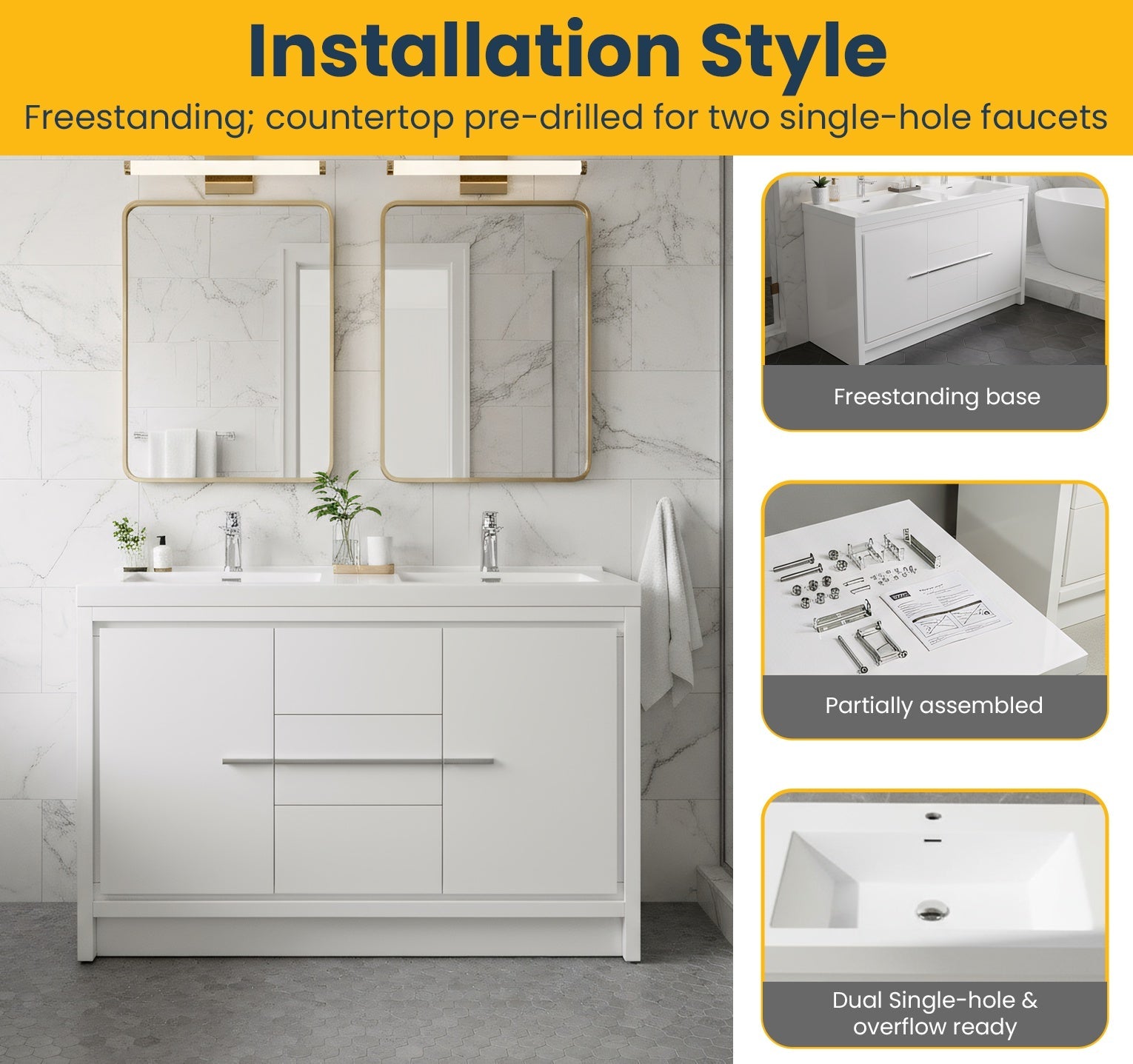 48" Glossy White Freestanding Double Sink Bathroom Vanity with White Polymarble Countertop-Migration_Bathroom Vanities-DECOROLALA