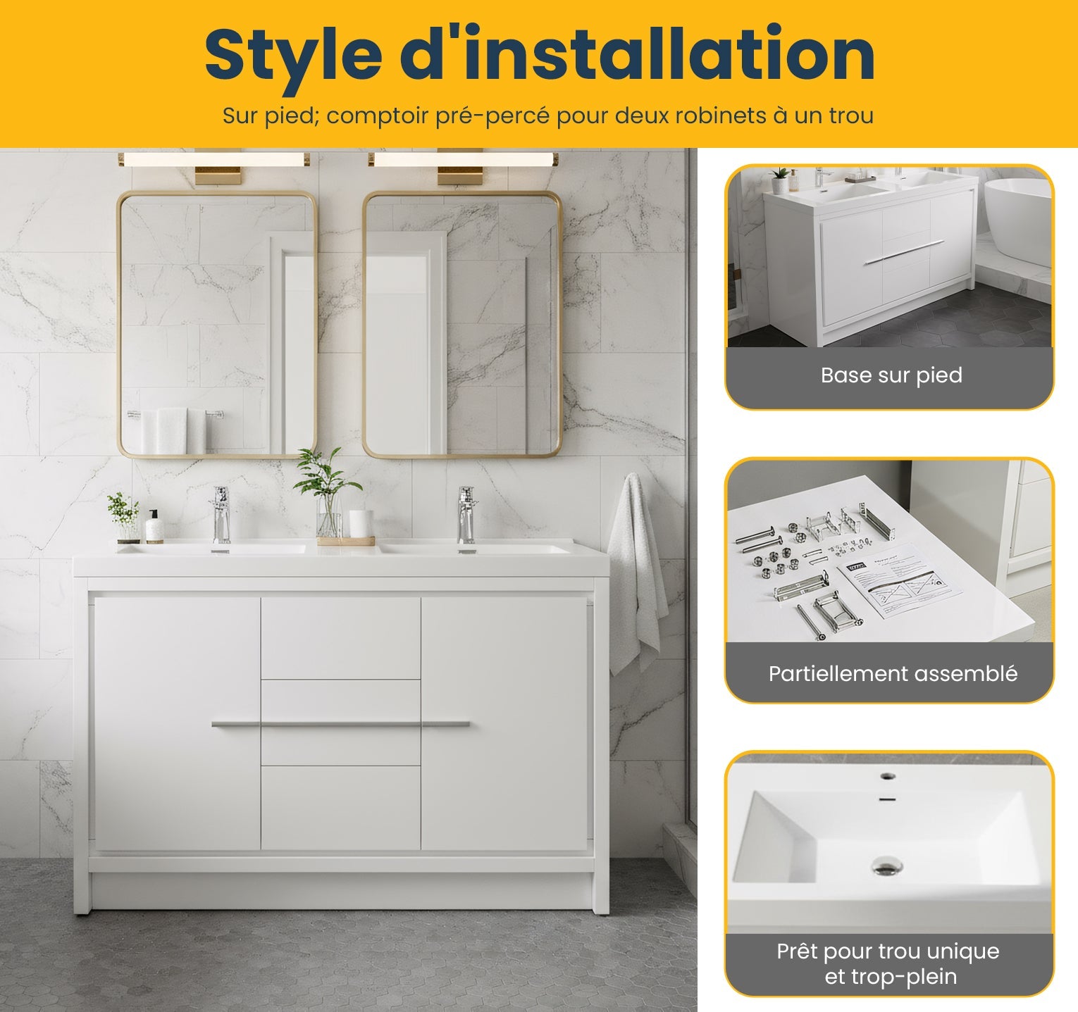 48" Glossy White Freestanding Double Sink Bathroom Vanity with White Polymarble Countertop-Migration_Bathroom Vanities-DECOROLALA