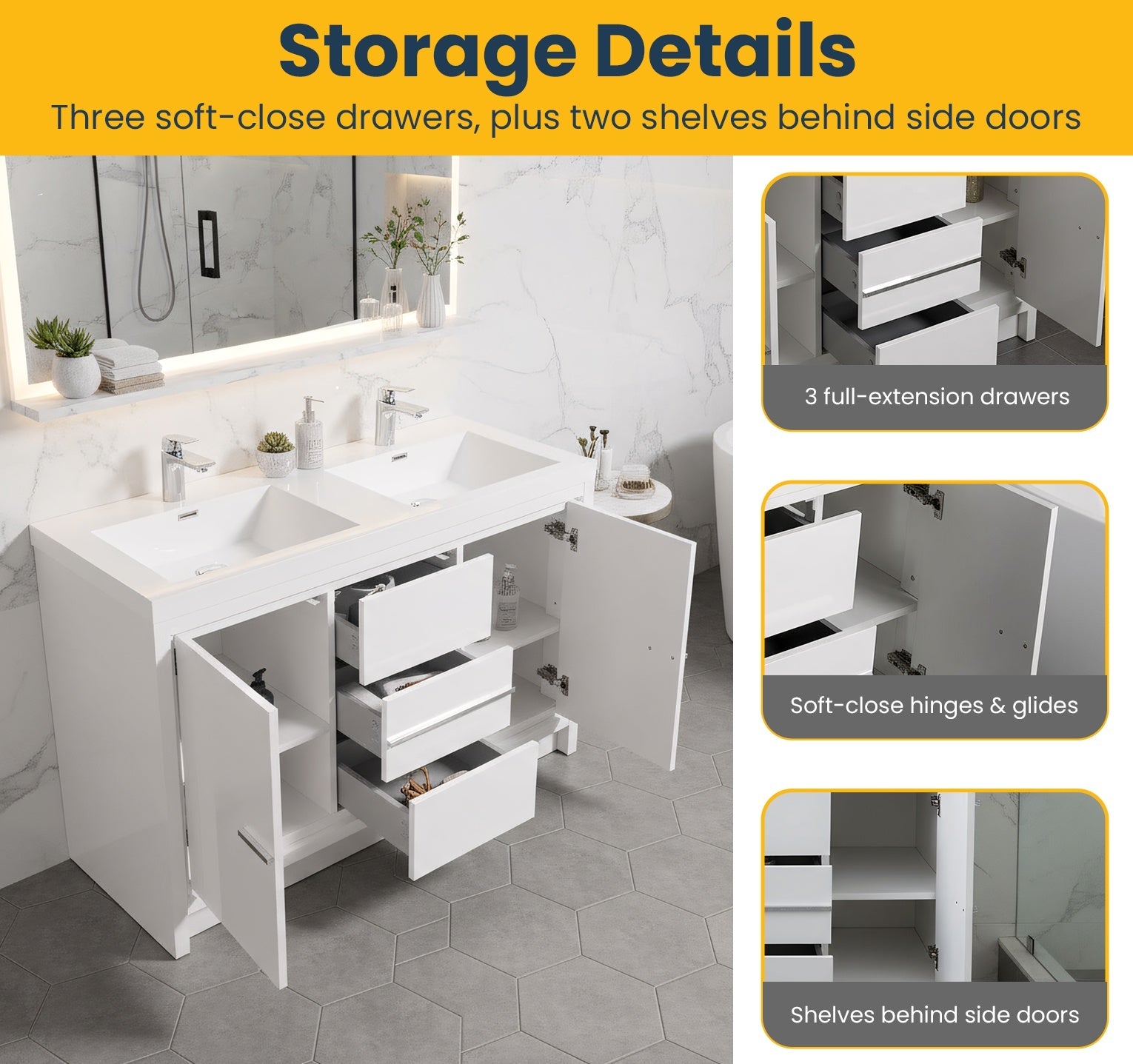 48" Glossy White Freestanding Double Sink Bathroom Vanity with White Polymarble Countertop-Migration_Bathroom Vanities-DECOROLALA