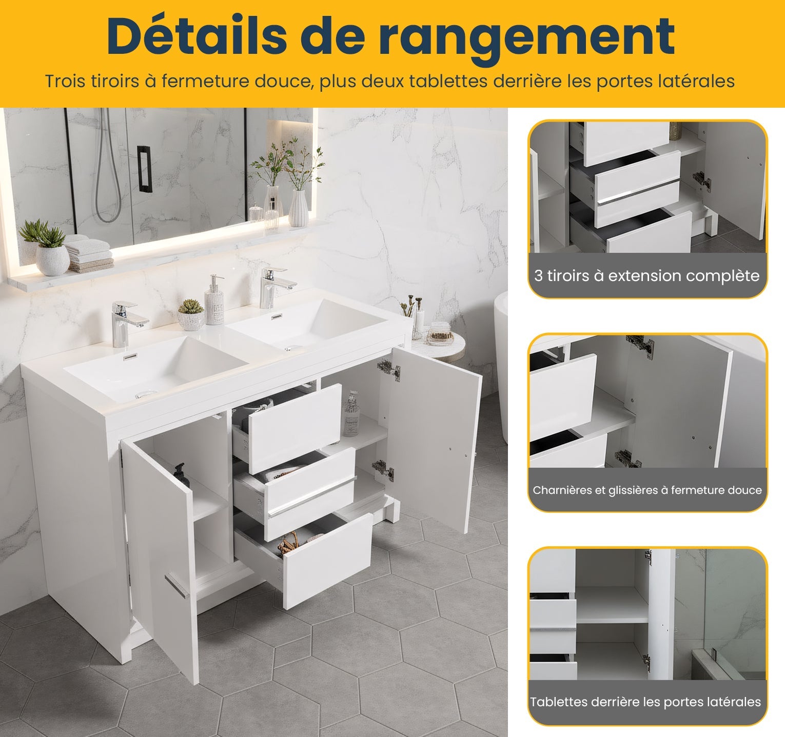 48" Glossy White Freestanding Double Sink Bathroom Vanity with White Polymarble Countertop-Migration_Bathroom Vanities-DECOROLALA